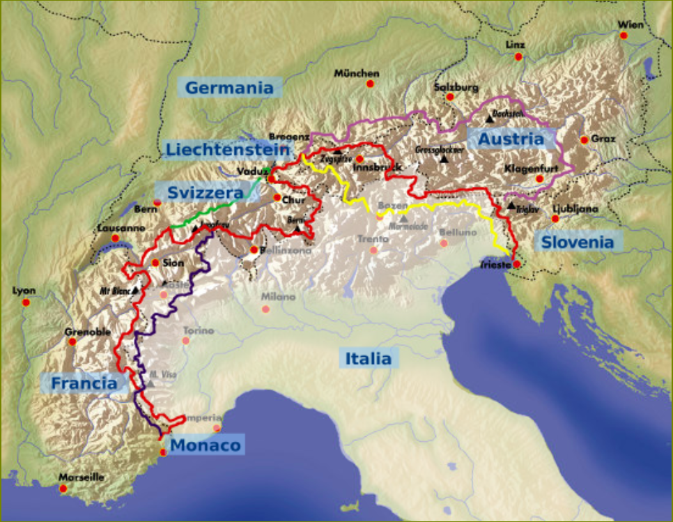 The map of the 5 Via Alpina routes