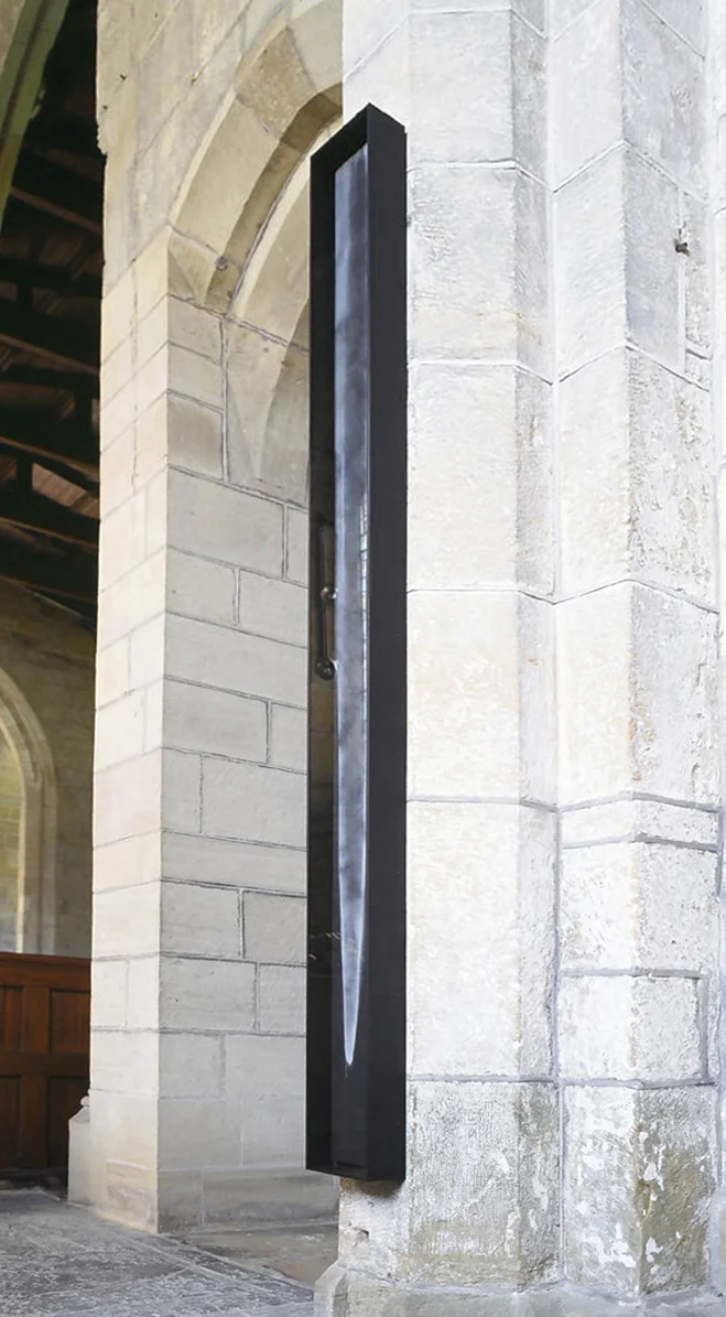 TOWER OF DUST (I) 2000 limestone powder on carbon deposit 200.0 x 16.5 x 8.0 cm installation: All Saints Church, Harewood House ' Within a Distant Prospect' 2001 (private collection UK)