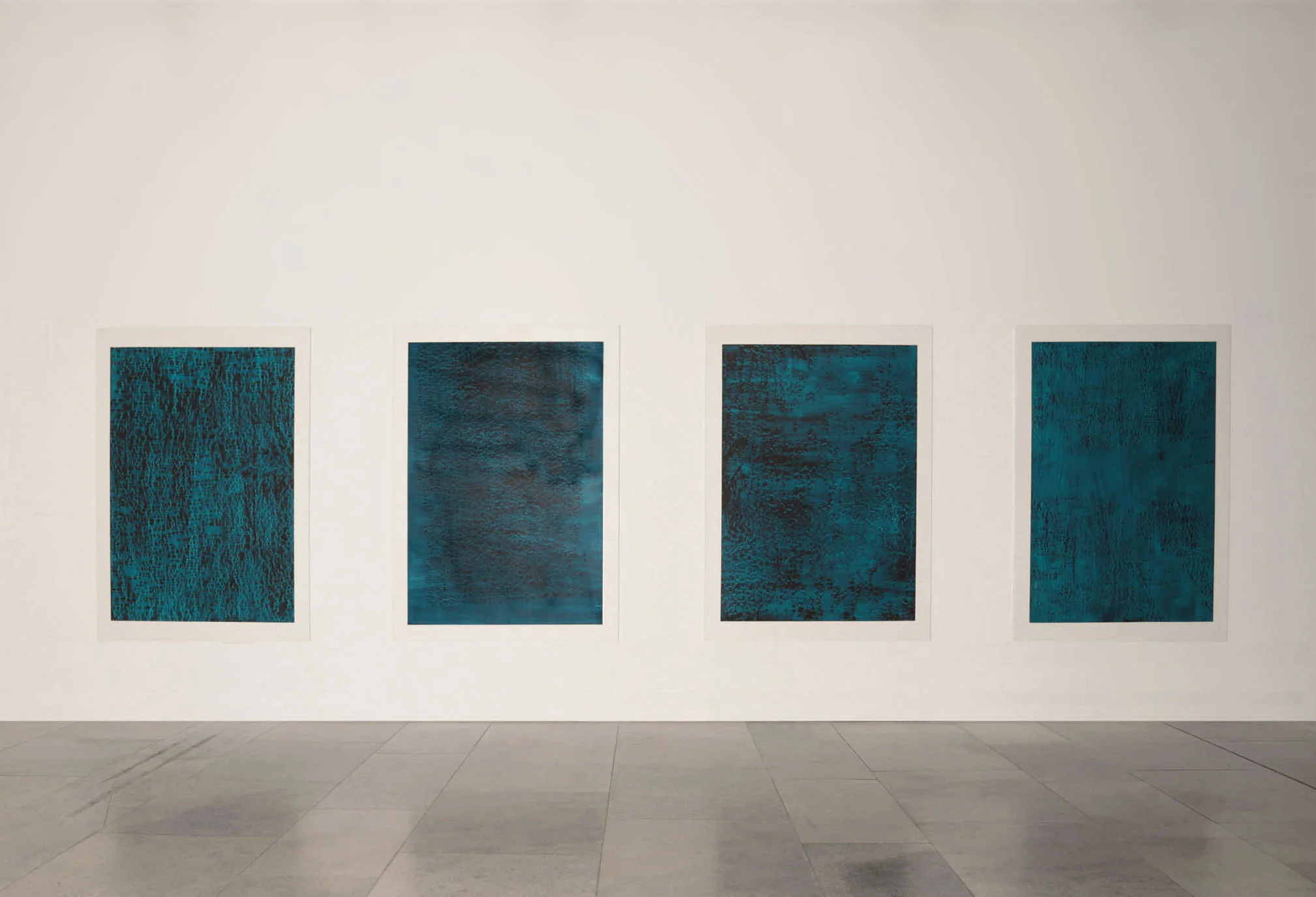 CONTINUOUS NOW – turquoise series, 2012 pigment dispersal on 100% cotton fibre each piece: 147 x 108 cm Encounters Take Precedence The Collection, Lincoln 2012