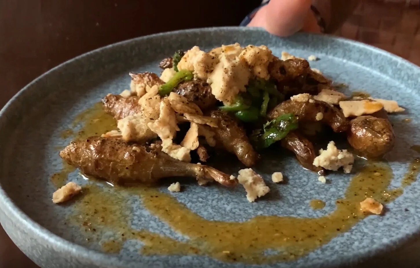 Jumbo Shrimp in Sage Brown Butter Sauce with Sunchokes and Hazelnuts