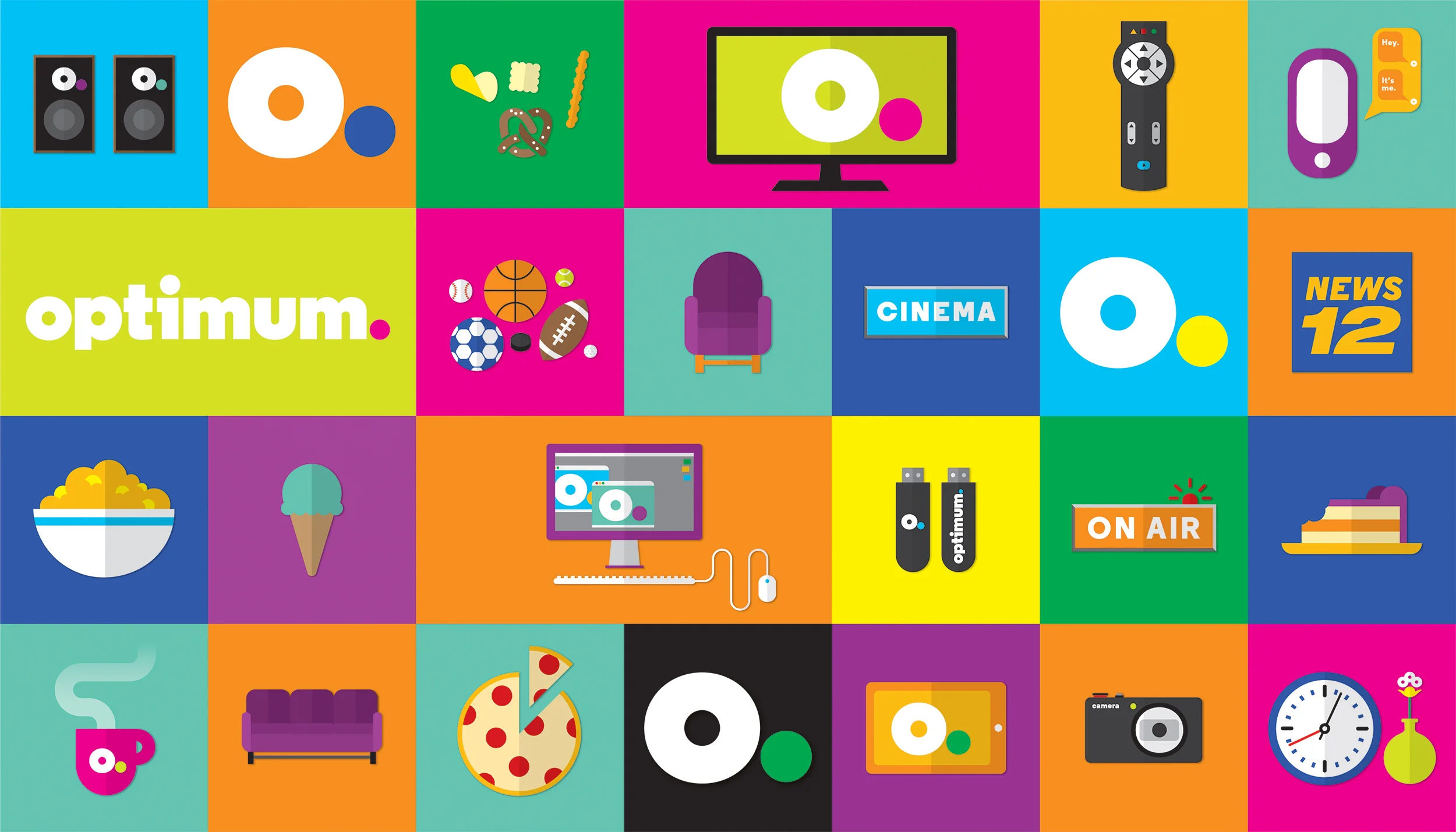 Building off a new colorful identity we helped Optimum create a new brand line, tone of voice, and a robust visual language, complete with guidelines, to create consistency across all their communication channels and redefine them as a connections company.