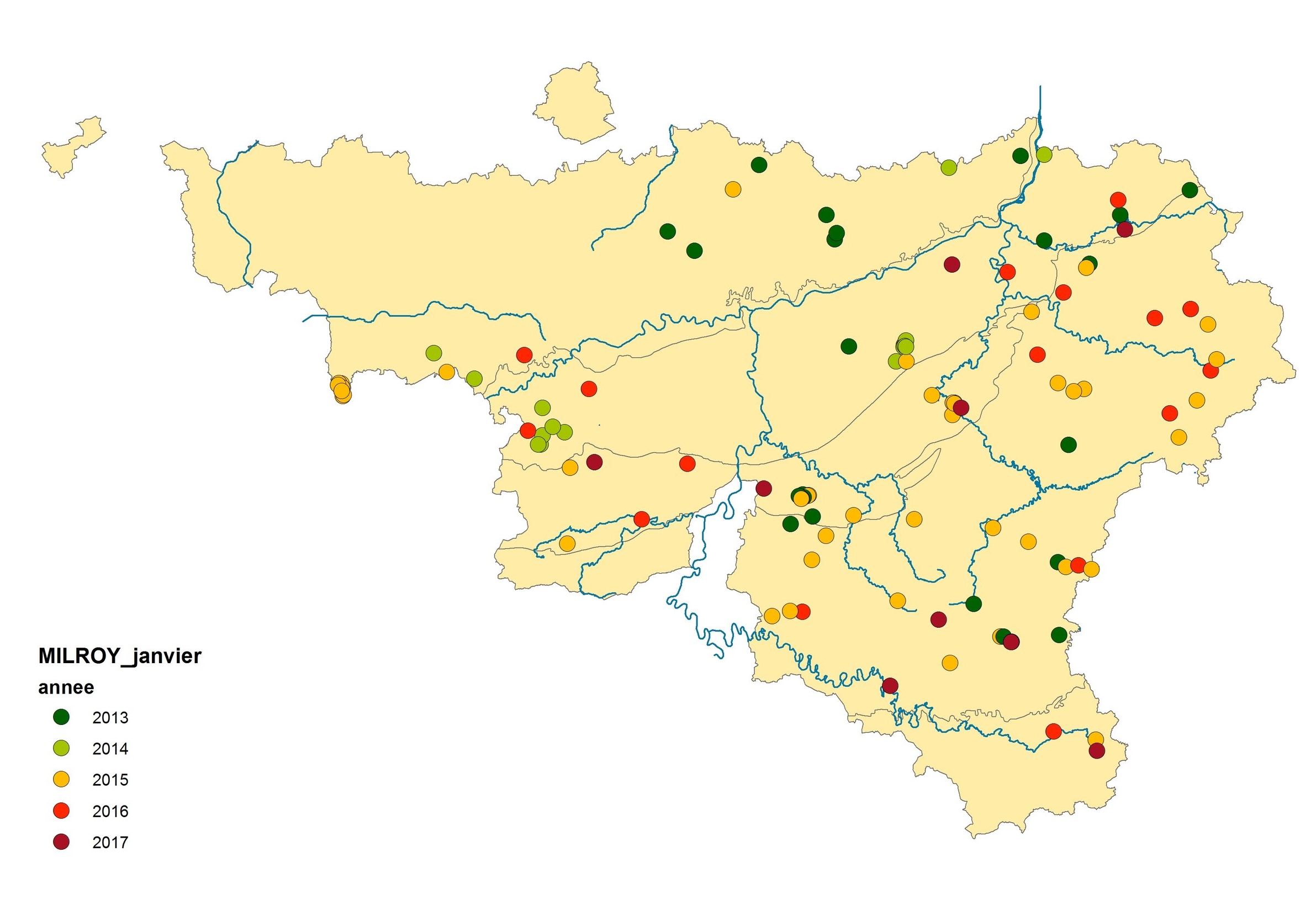 Figure 2 : Carte des observations de janvier de 2013 à 2017 en Wallonie. Les régions à caractère herbager de Haute-Belgique concentrent la plupart des observations