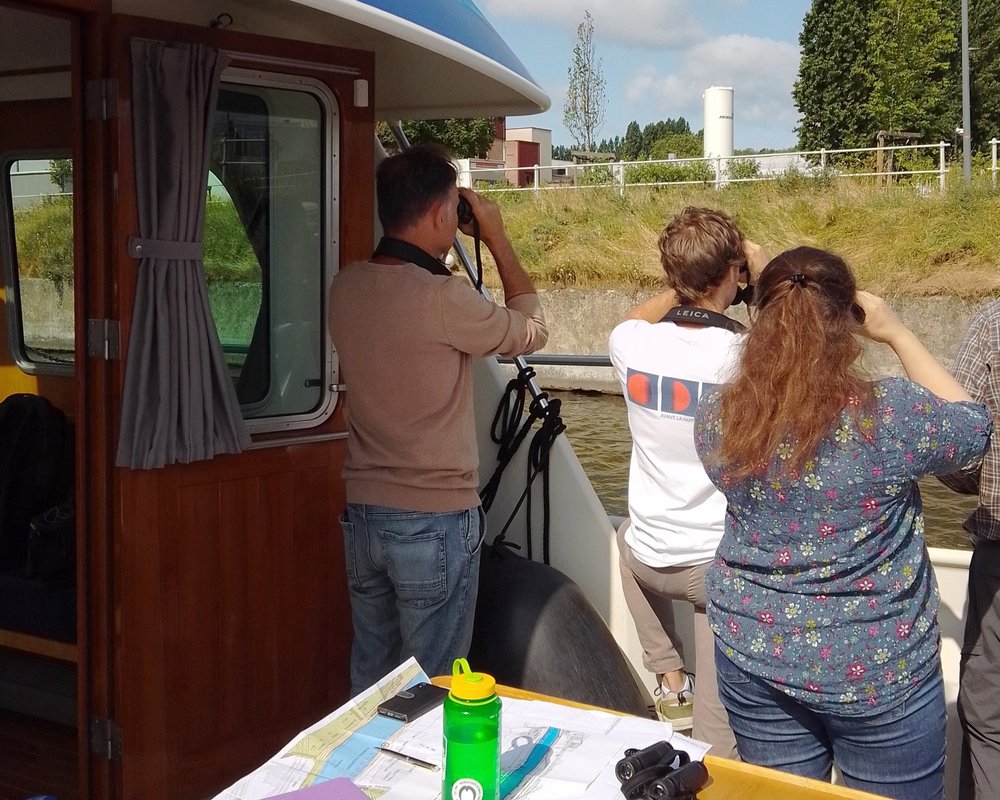 À bord du Bruocsella (26/06/2023) : recensement des cavités occupées le long des berges du canal © Guillaume de Wouters (2023)