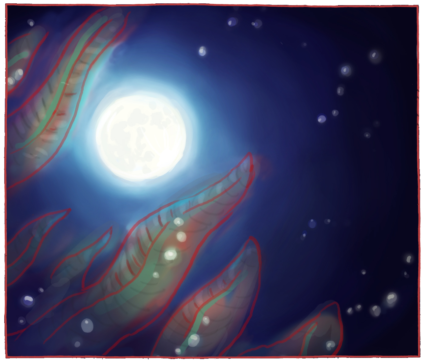 Concept 5: Ediacaran fauna shot from underwater, with a view of the moon
