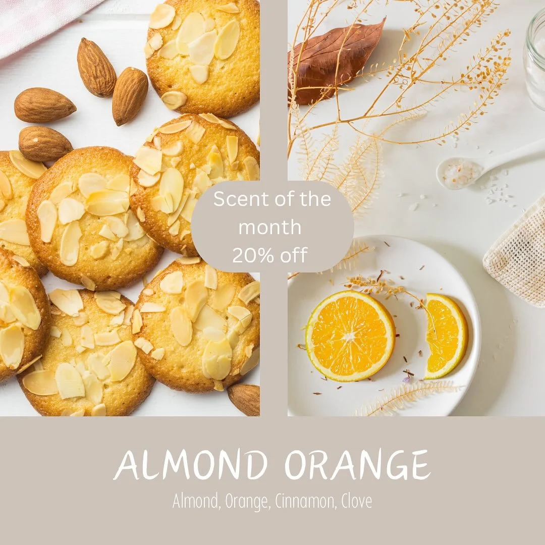 Almond Orange is delightful blend of zesty fresh orange peels and rich, nutty almonds, sprinkled with aromatic ground cinnamon and soothing clove, creating the perfect scent for the fall season!  20% off through the end of the month or while supplies