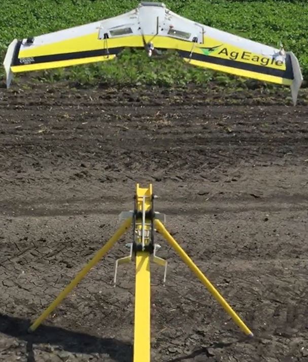 The AgEagle Rx60 launches from a static position to over 30 mph in a split-second, and can fly for almost an hour, easily covering three quarters of a section in one flight, flying at 400-500ft AGL.