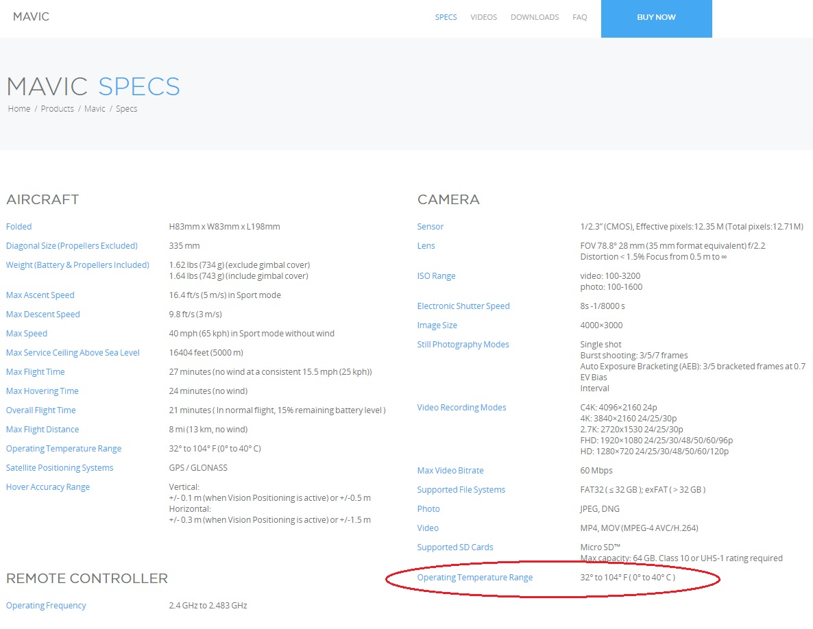 The maximum and minimum operating temperatures for DJI drones can easily be found on their "Specs" page at the DJI website.