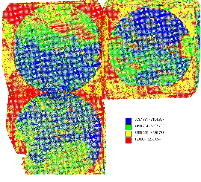 NDVI (Normalized Difference Vegetation Index) analysis of some potato fields in Western Manitoba. The colour changes based on the health of the plants. In these cases, the potato fields are surrounded by wheat, which has a much lower reflectance value than the potatoes so it appears to be "dead" - even though it was thriving.