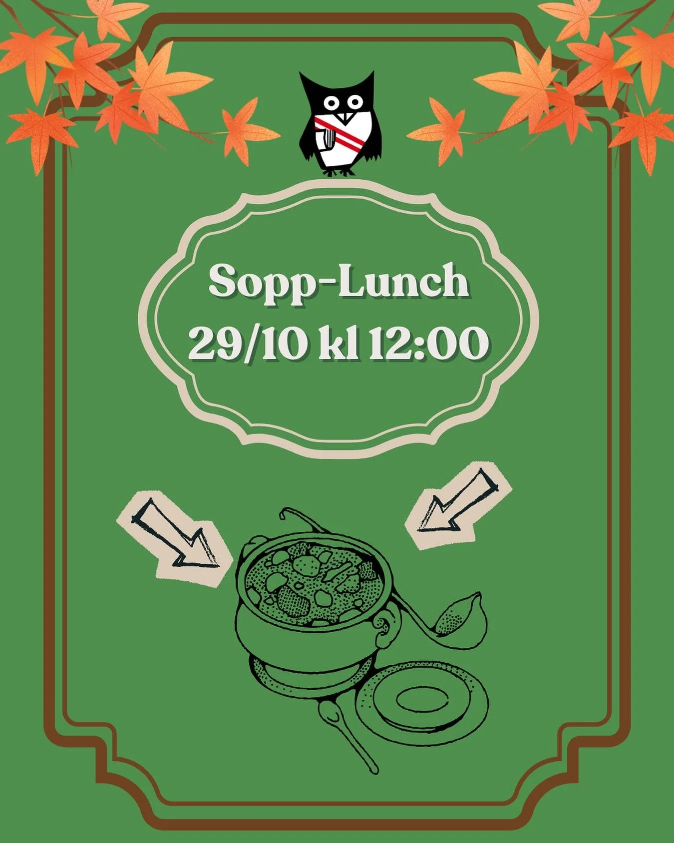 🍲 English below 🍲
Välkommen till sopplunch på Gula villan! 🦉
Vi bjuder på varm och god soppa – perfekt för höstvädret! Kom och häng med andra studenter, ta en paus i pluggandet och njut av en trevlig lun