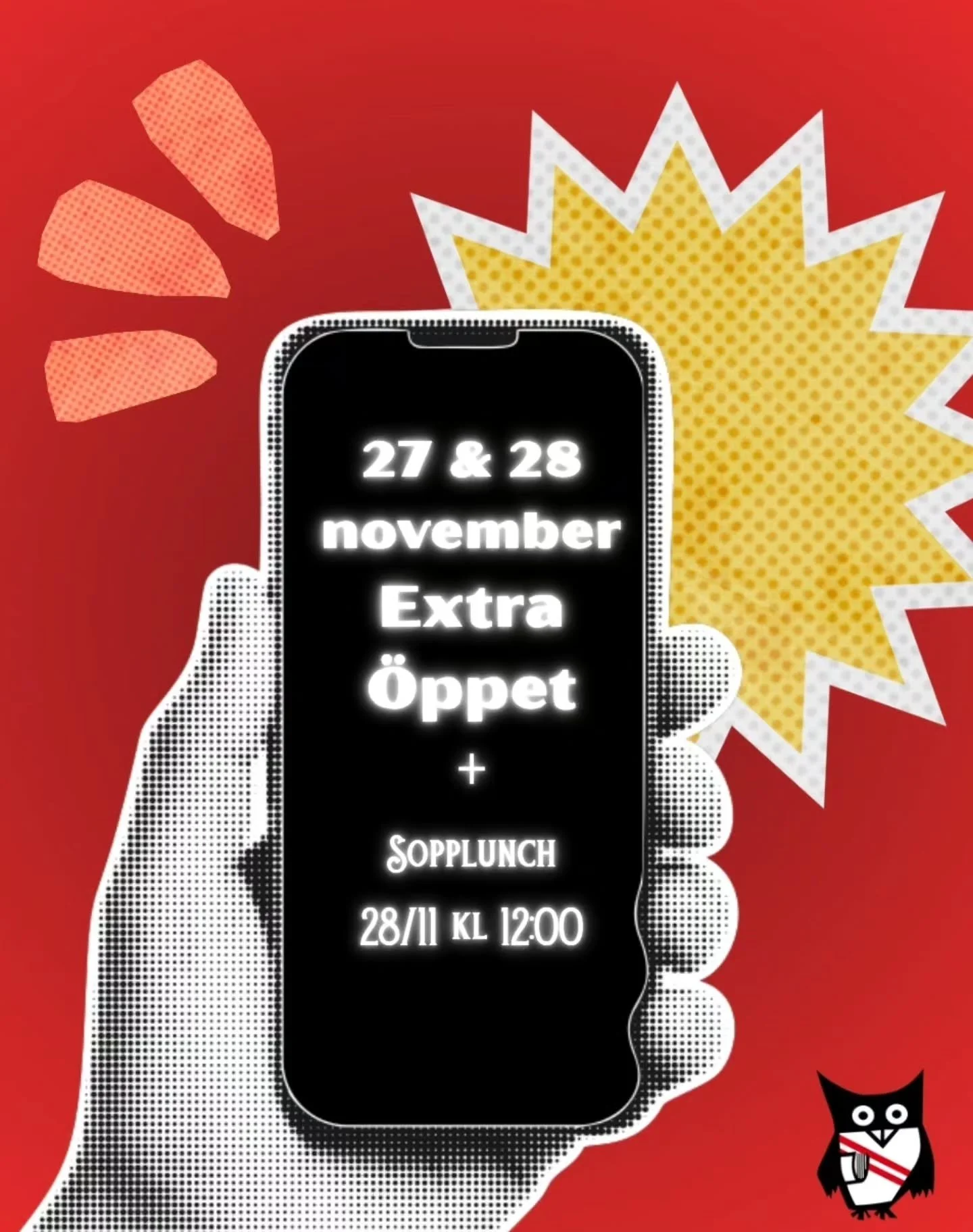 Extra dag&ouml;ppet 27/11 och 28/11!
27/11: 10:00-19:00
28/11: 10:00-16:00

Tentaplugga p&aring; Gula villan!

*

Extended open hours 27/11 and 28/11!
Study for your exams at Gula villan!

27/11: 10:00-19:00
28/11: 10:00-16:00