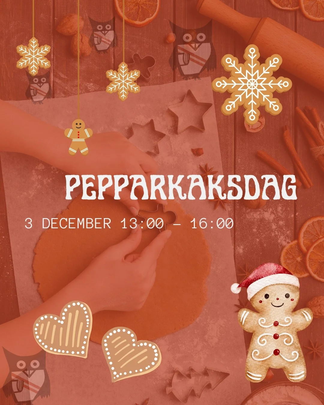 Pepparkaksdag!

Kom och g&ouml;r pepparkakor p&aring; villan! Om du vill vara med och baka pepparkakorna, kom klockan 13. Om du bara vill dekorera kakor (och &auml;ta dem) kan du komma n&auml;r som helst!

N&auml;r: 3 december kl 13-16
Var: Gula vill