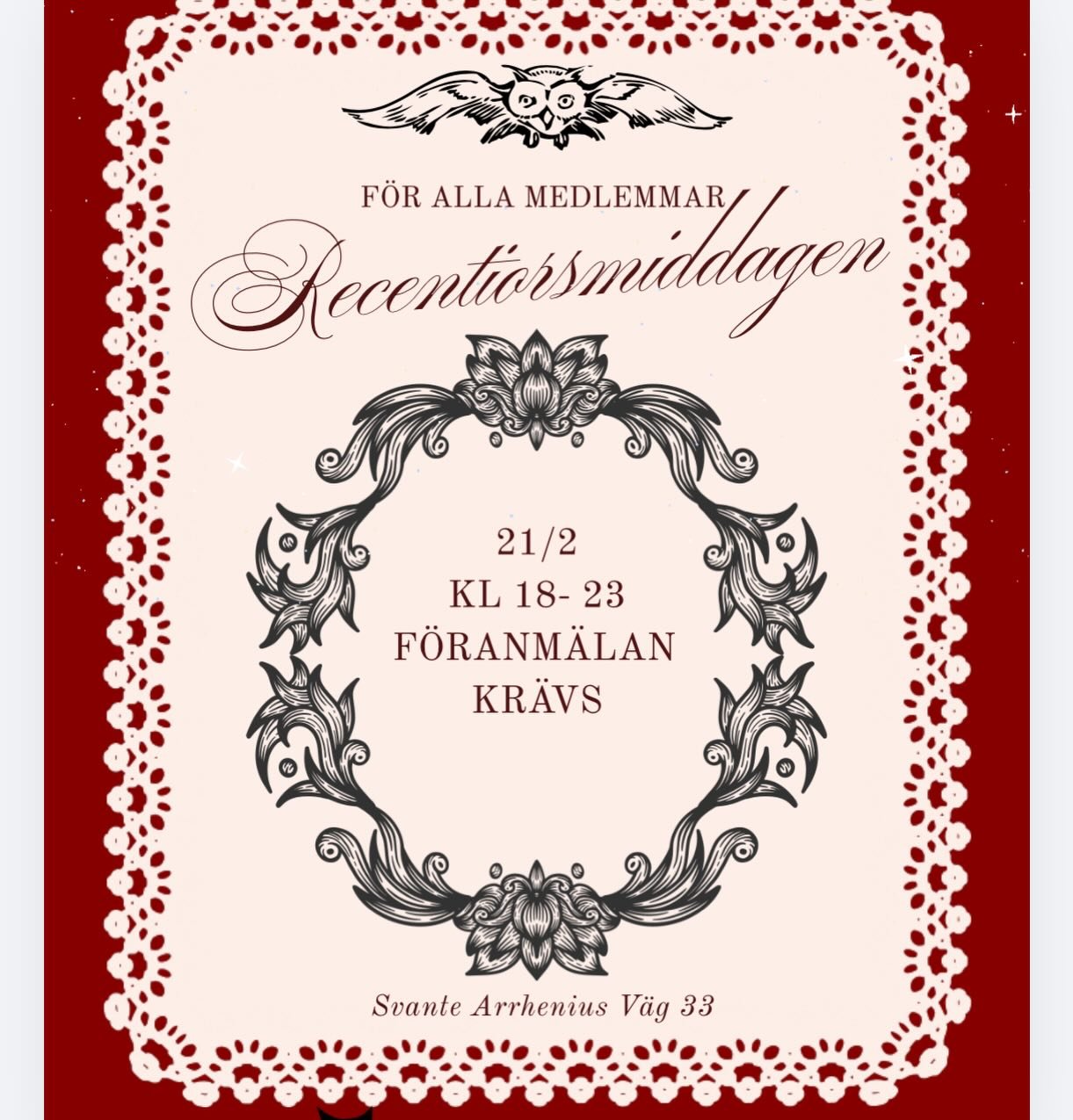 Recensionsmiddag VT26
V&auml;lkomna till terminens f&ouml;rsta sittning &ndash; ett perfekt tillf&auml;lle att uppleva en klassisk studenttradition med mat, dryck, s&aring;ng och trevlig st&auml;mning.

📅 L&ouml;rdag 21/2, d&ouml;rrarna &ouml;ppnar 