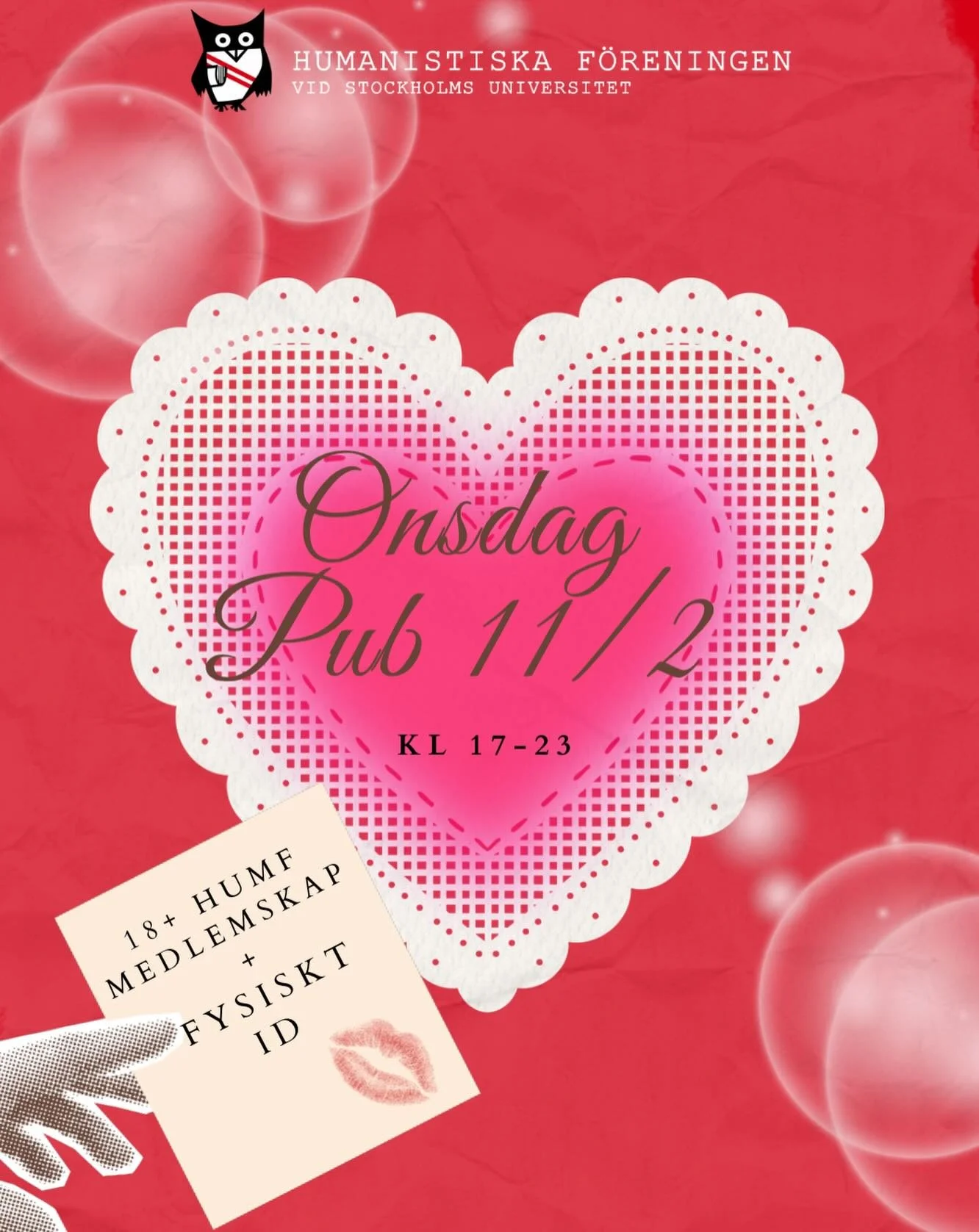 Alla hj&auml;rtans dag tema Pub 11/2 💘

En avslappnad kv&auml;ll med temadrinkar och musik &mdash; oavsett om du kommer med v&auml;nner, n&aring;gon du tycker om, eller bara f&ouml;r att h&auml;nga och fira k&auml;rlek i allm&auml;nhet.

🕔 17&ndash