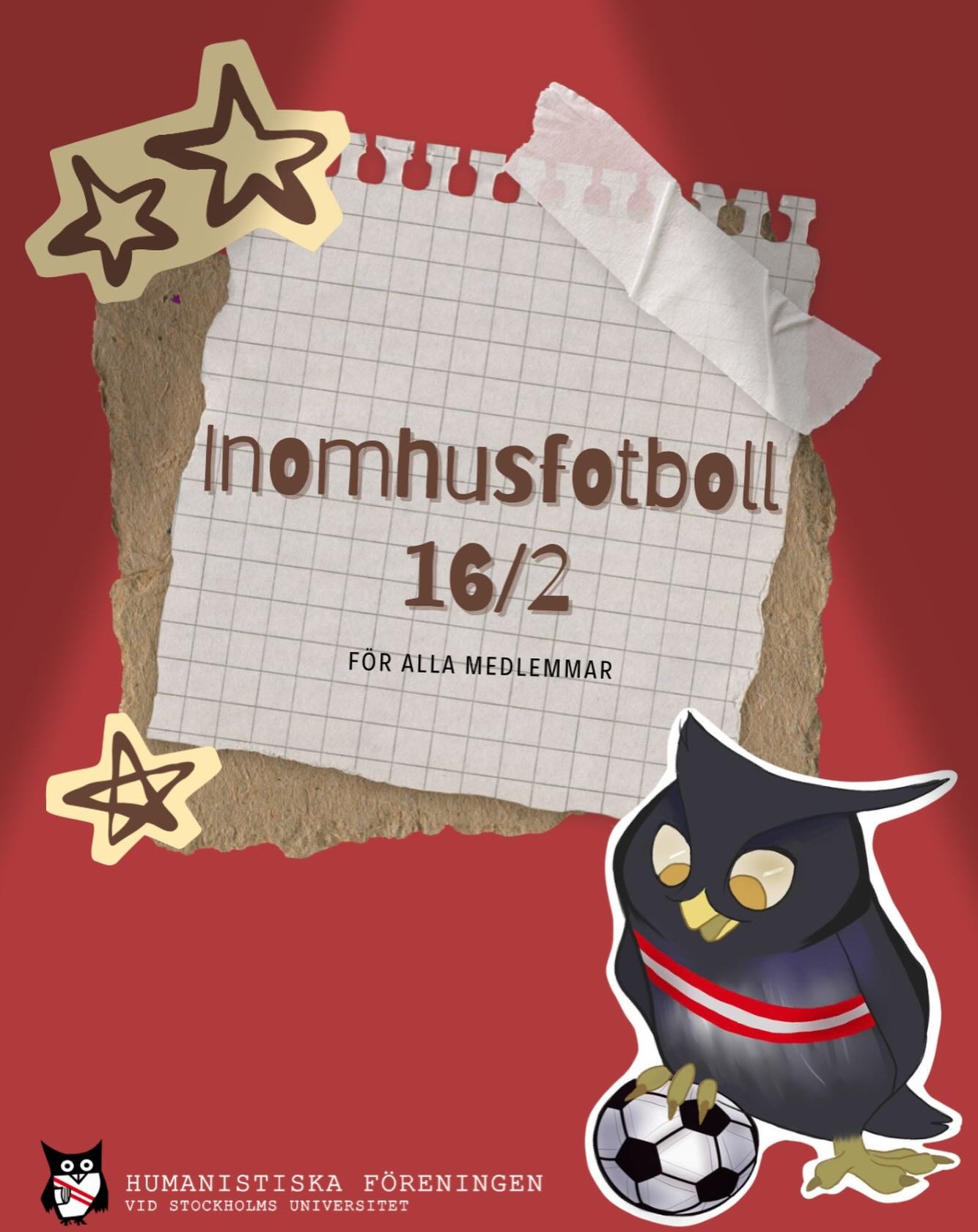 Inomhusfotboll! ⚽️ 
(English below) 

Nu s&auml;tter vi ig&aring;ng fotbollss&auml;songen f&ouml;r i &aring;r! Kom och spela fotboll med HumF:s fotbollslag RUFF! Alla &auml;r v&auml;lkomna, ingen erfarenhet kr&auml;vs. 

Tid och plats: M&aring;ndag 1