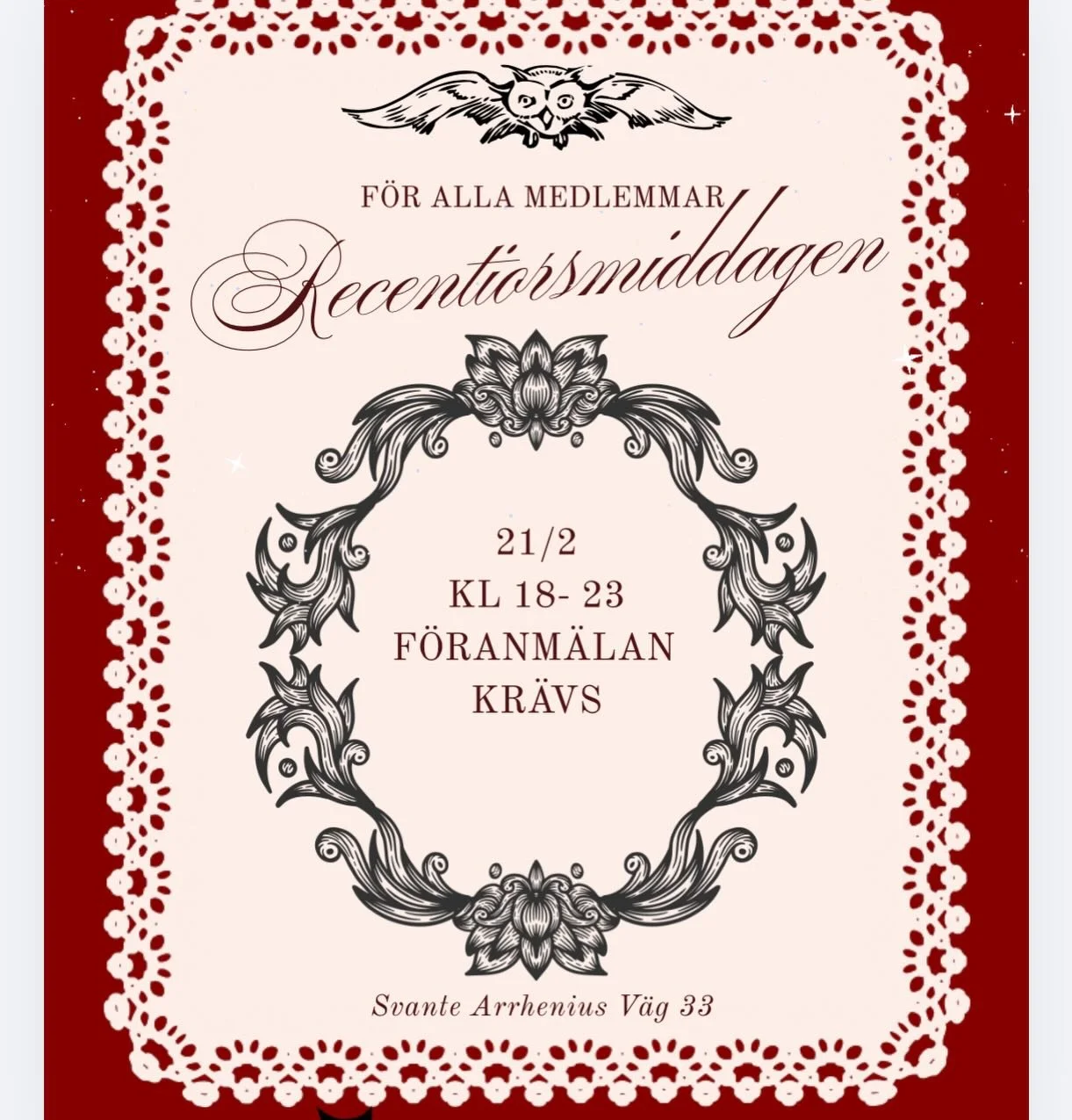 Recensionsmiddag VT26
V&auml;lkomna till terminens f&ouml;rsta sittning &ndash; ett perfekt tillf&auml;lle att uppleva en klassisk studenttradition med mat, dryck, s&aring;ng och trevlig st&auml;mning.

📅 L&ouml;rdag 21/2, d&ouml;rrarna &ouml;ppnar 