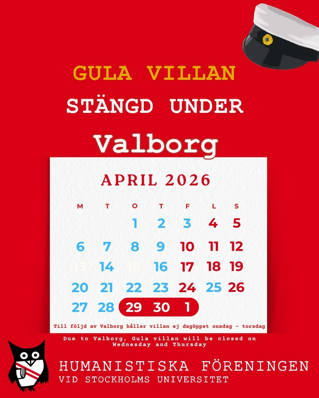[English below]

Gula villan kommer att vara st&auml;ngd under onsdag och torsdag p&aring; grund av Valborgslunchen, det &auml;r dag&ouml;ppet som vanligt p&aring; m&aring;ndag och tisdag! 🌼

______________________________________

Gula villan will 