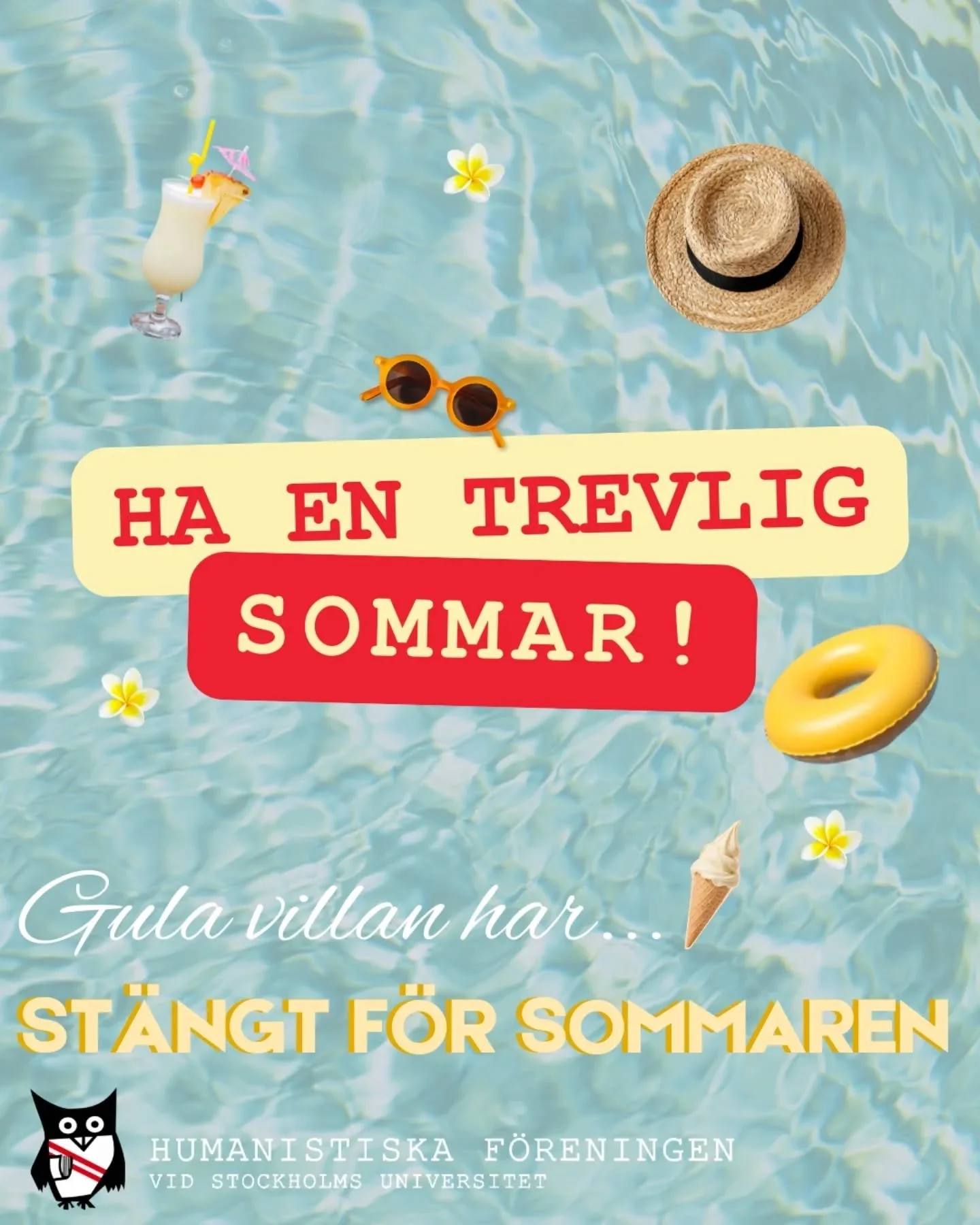 [English below]

Sommarst&auml;ngt! 🌞

Vi ses igen i h&ouml;st, nu h&aring;ller Gula villan st&auml;ngt f&ouml;r sommaren. HumF tackar f&ouml;r denna termin fylld med studier, aktiviteter, event och pubar! Vi &ouml;nskar er en trevlig sommar!

Fler 
