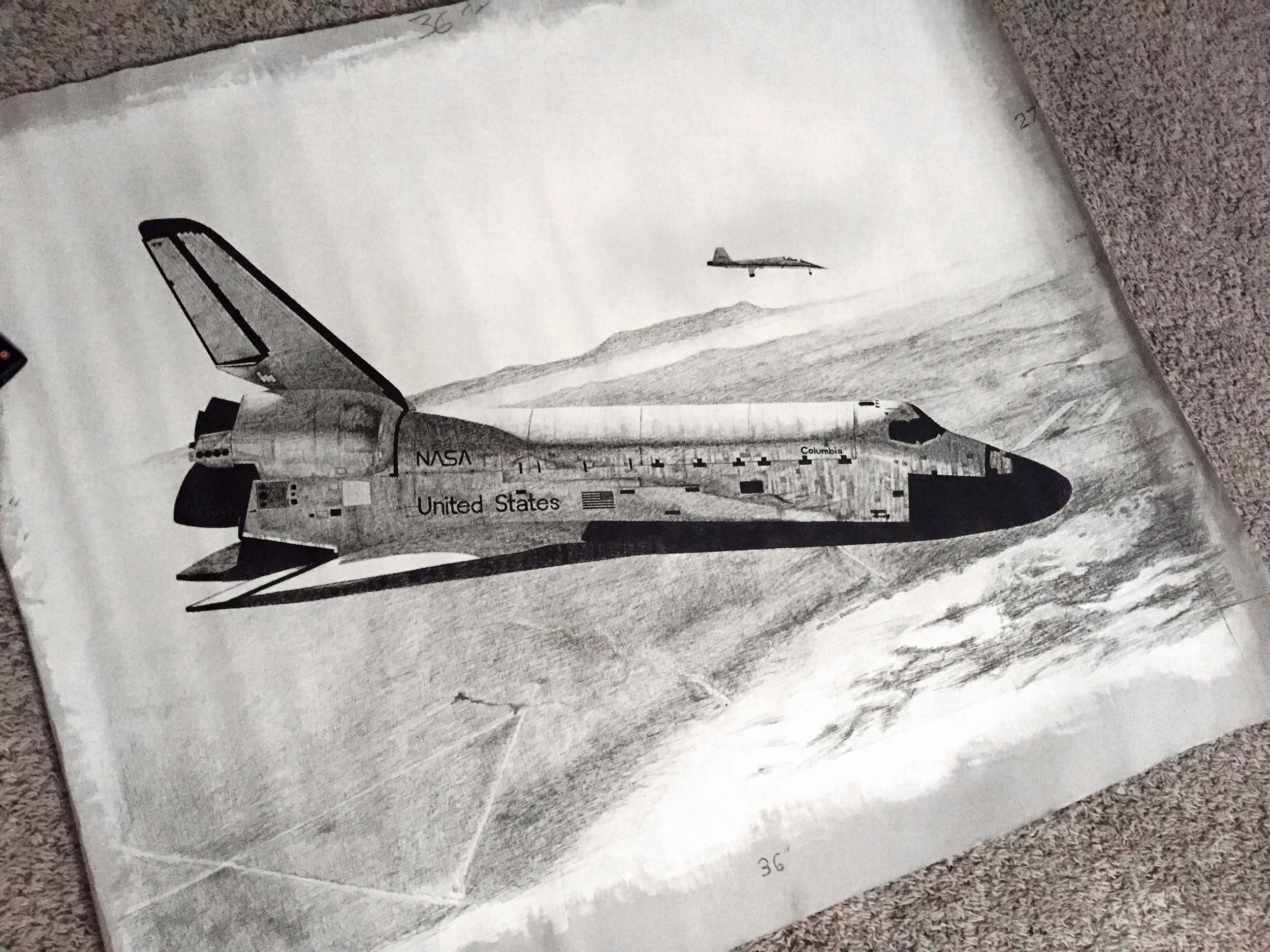  Space Shuttle Columbia drawn when I was a senior in high school. Size is 36" x 27", pencil on canvas. 