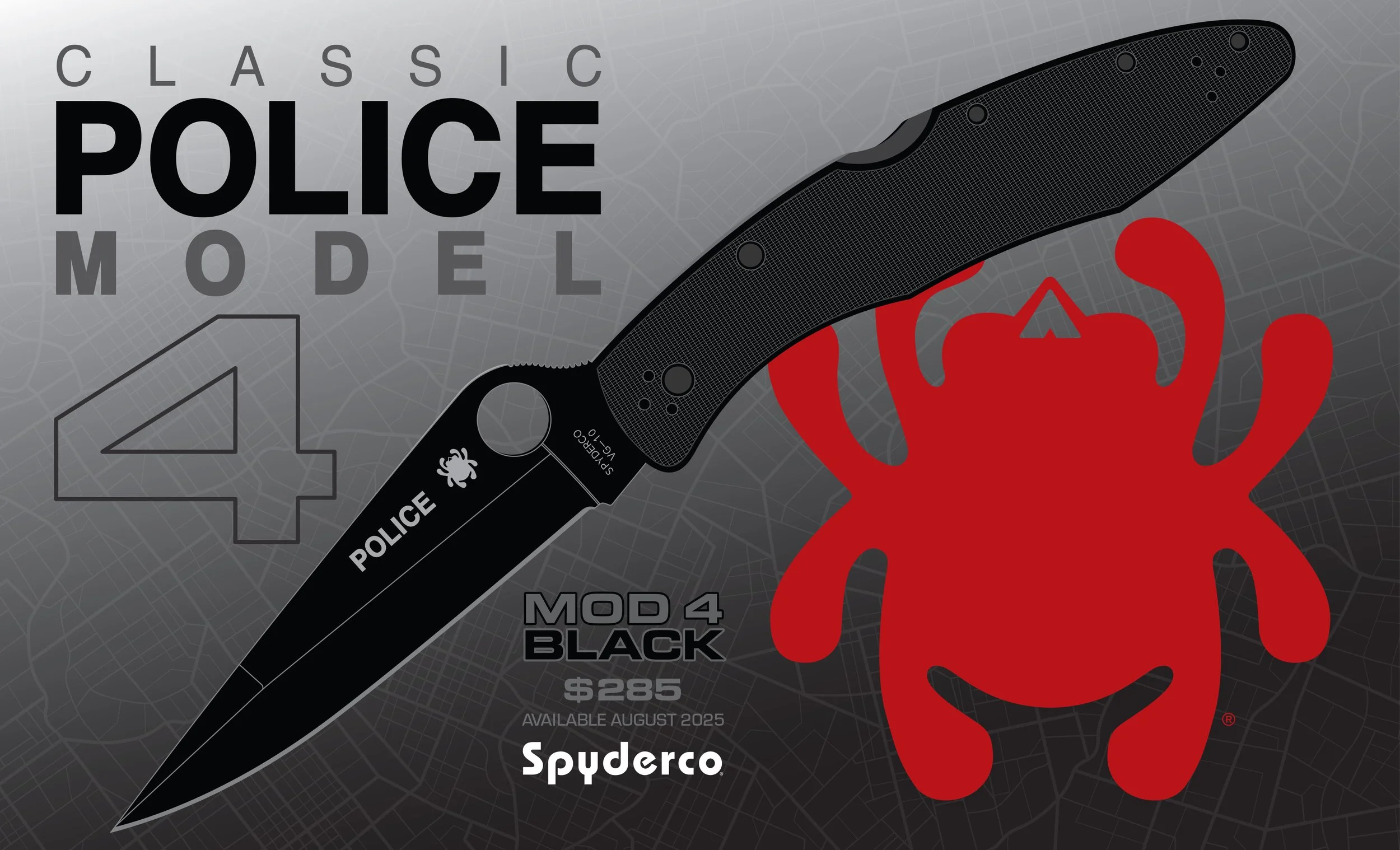 Spyderco Police 4 Black knife drawing, v1, August 2025.