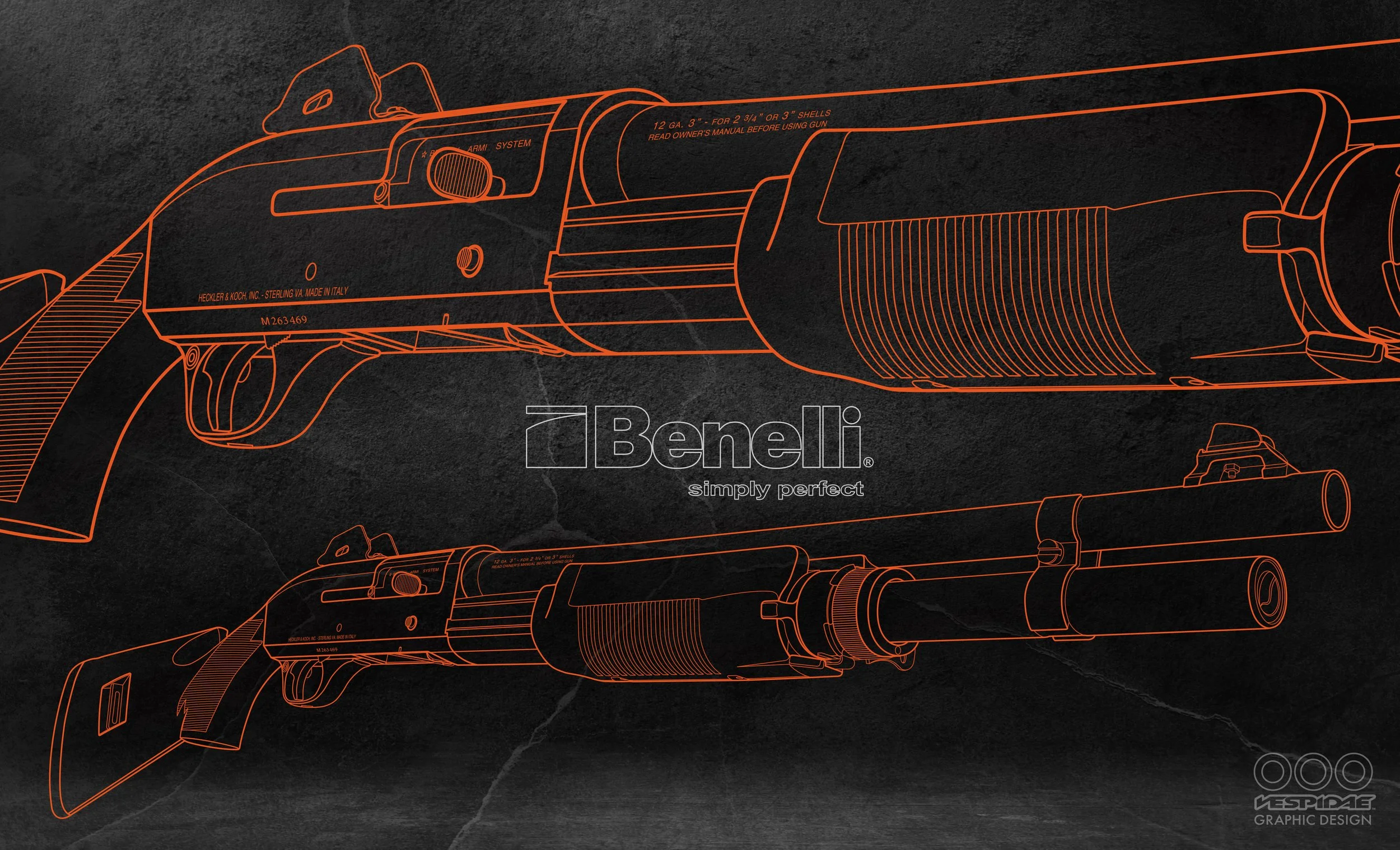 Benelli® M3 Super 90 shotgun line drawing. A photo of the shotgun was used as a guide on the bottom layer when drawing with the pen tool. I had seen a similar technical-type drawing in a magazine and wanted to test myself to see if I could accomplis