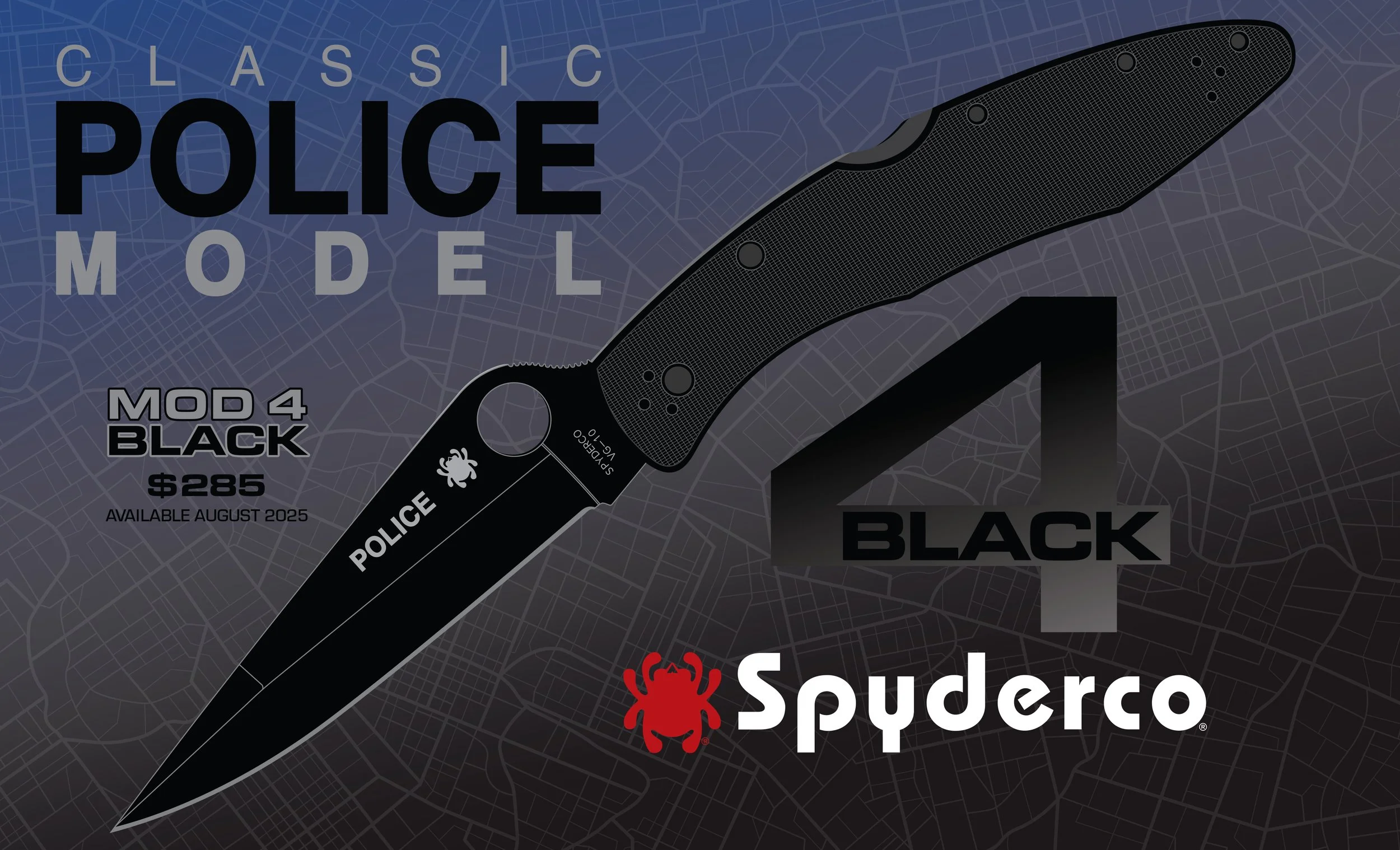 Spyderco Police 4 Black knife drawing, v2, August 2025.