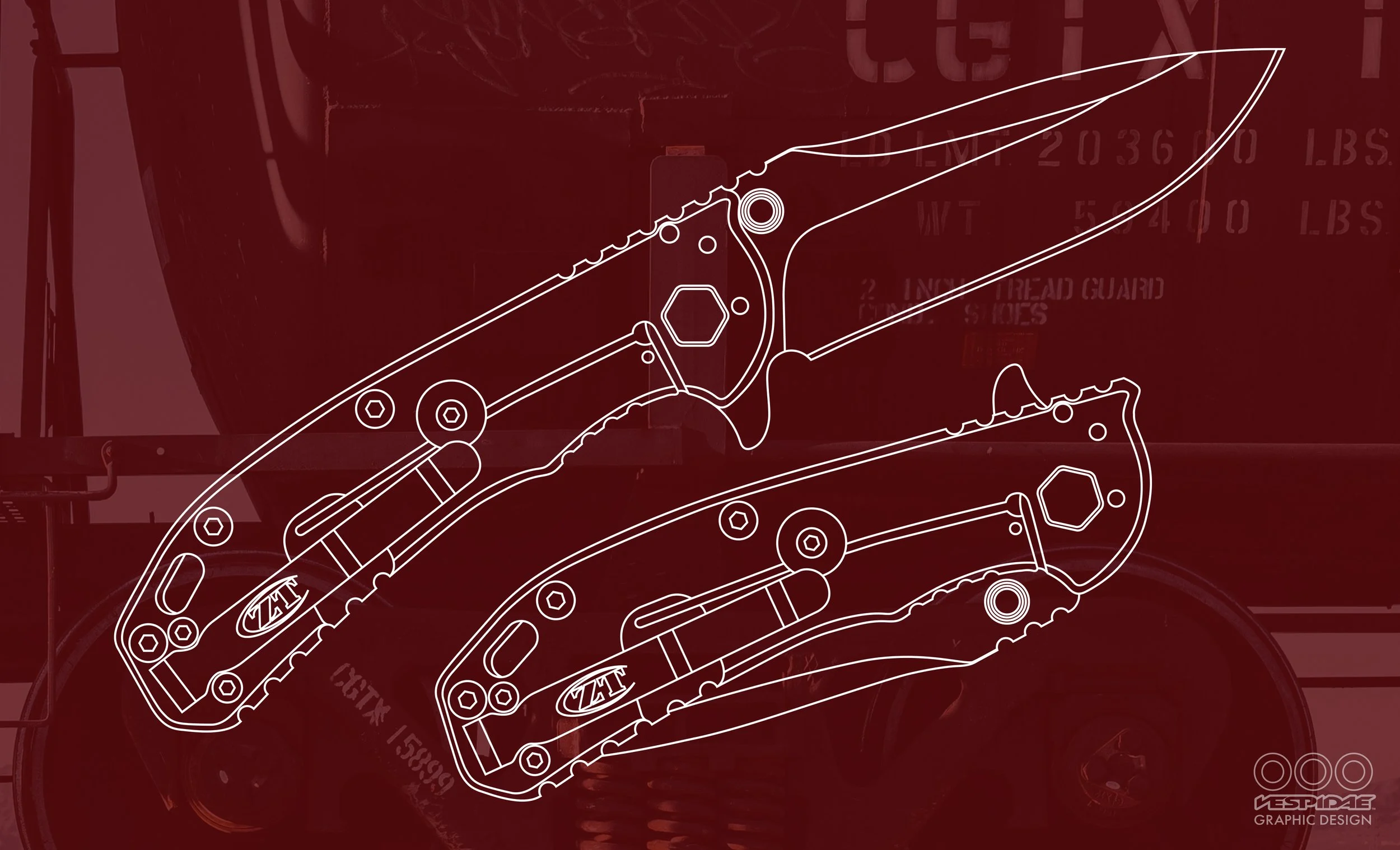  Zero Tolerance® 0566 Hinderer Design folding knife line drawings showing open and closed. 