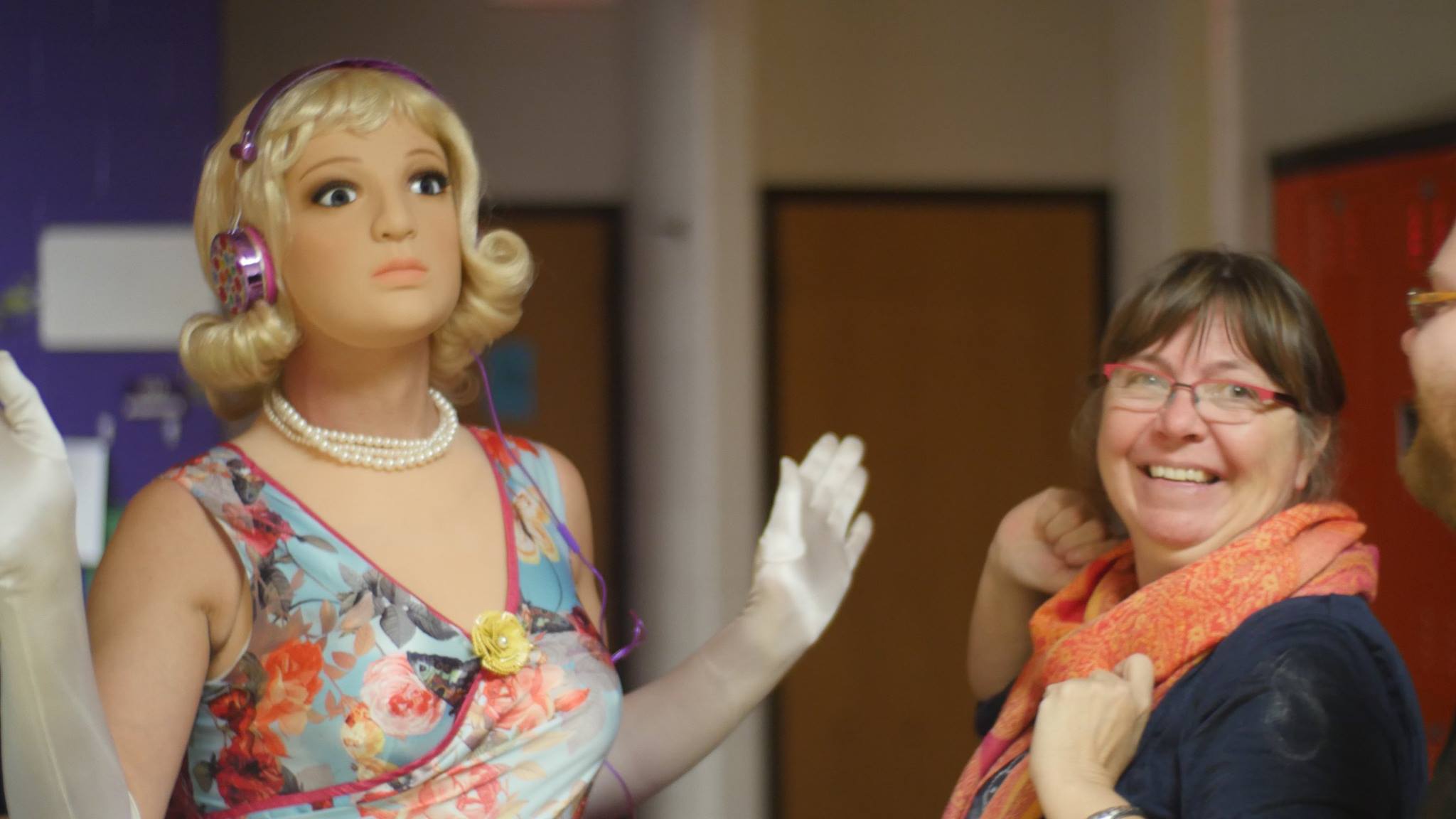 Our wonderful costume designer Helene Siebrits has some fun with star Yang Miller (left)