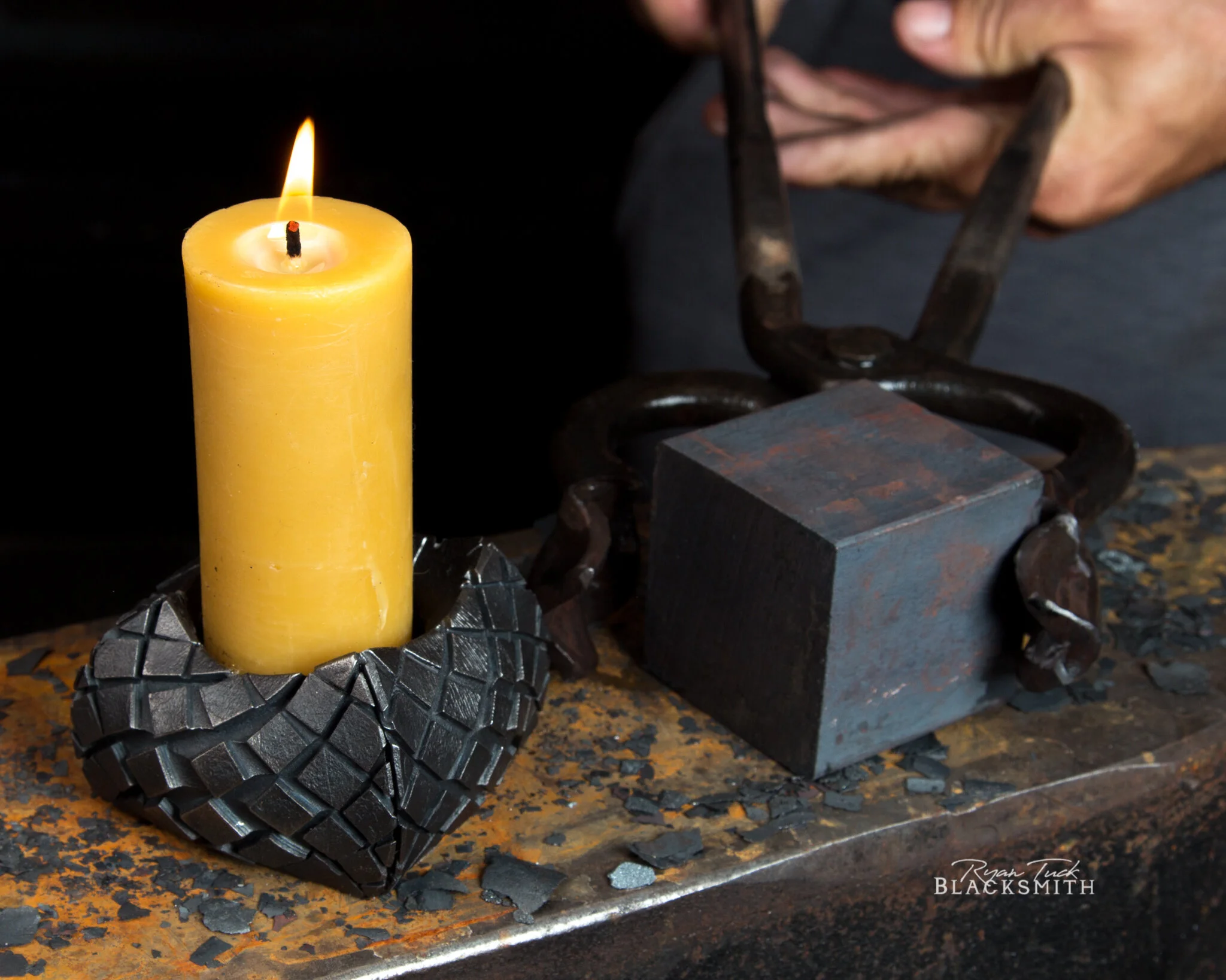 Hand forged candle holder made by Ryan Tuck Blacksmith 