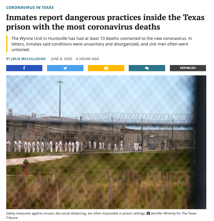 "Inmates report dangerous practices inside the Texas prison with the most coronavirus deaths"