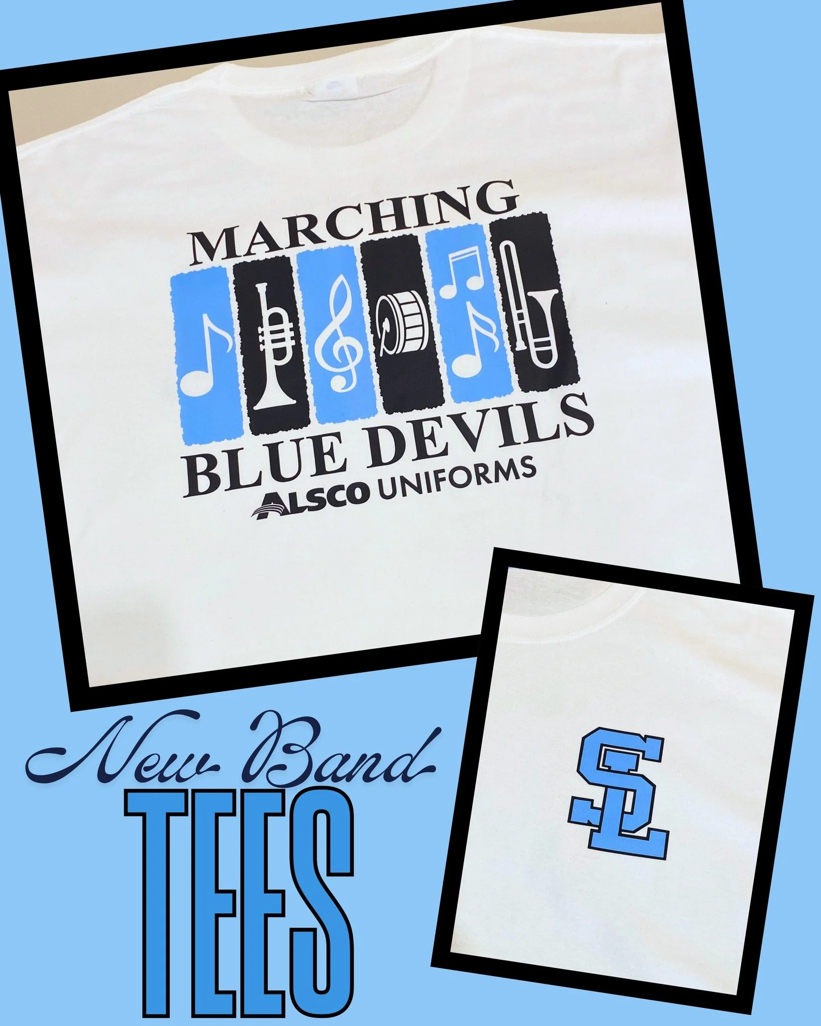 South Lenoir High School Band Tees printed right here at Magic Mile Screen Printing Company and donated to SL by Alsco Uniforms.  Thanks Blue Devils!