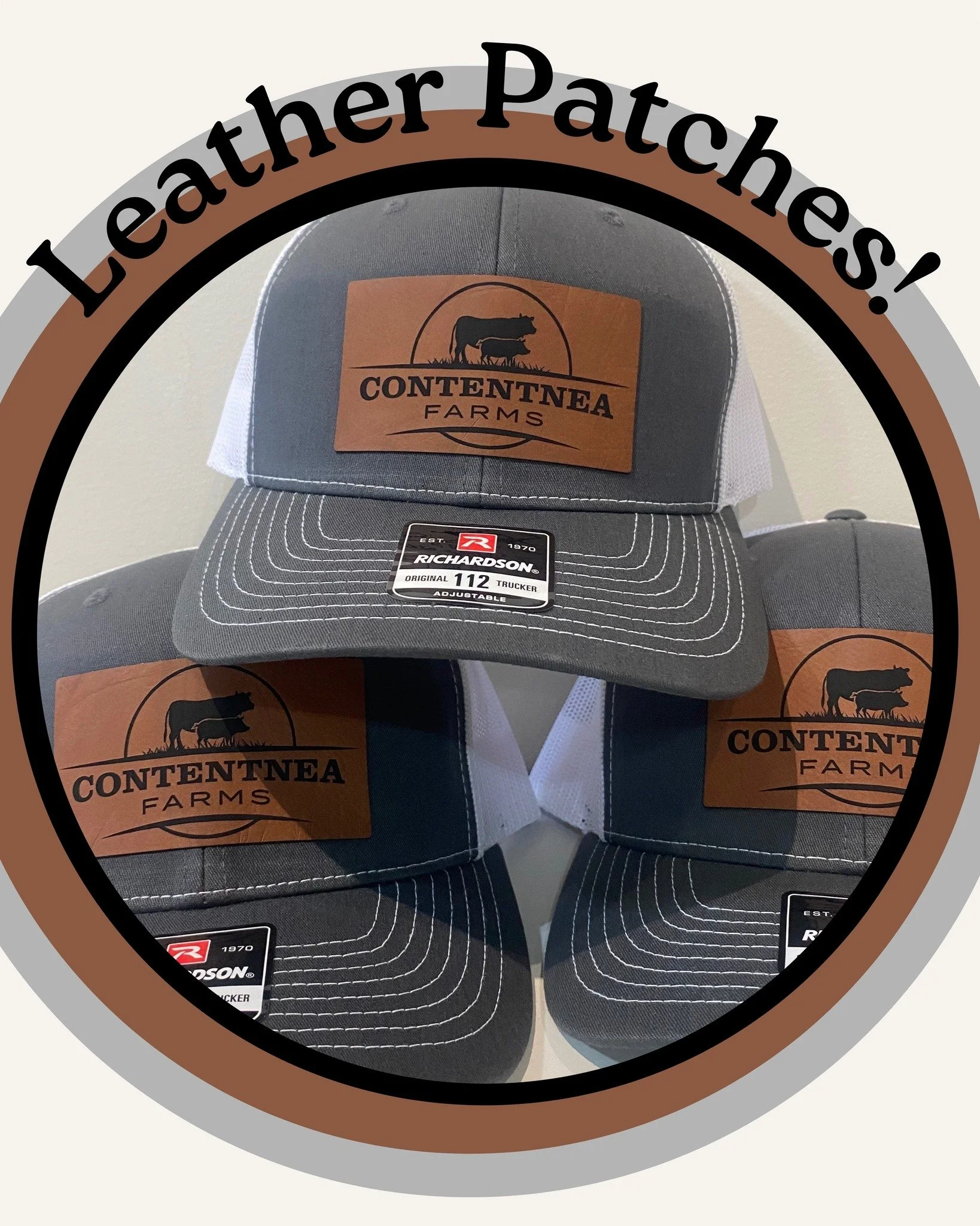 NEW PRODUCT ALERT!  We can now do custom leather patches on hats...give us a call for your next order.  There are lots of options and the quality is incredible!