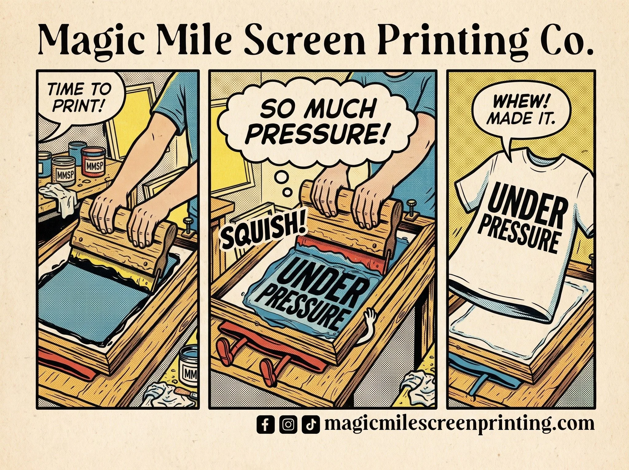 We are constantly under pressure to provide the highest quality apparel for our customers.  If you aren't happy, we aren't happy!  When it came time for new staff shirts, we had some fun with this comic book design with a double meaning...and who doe