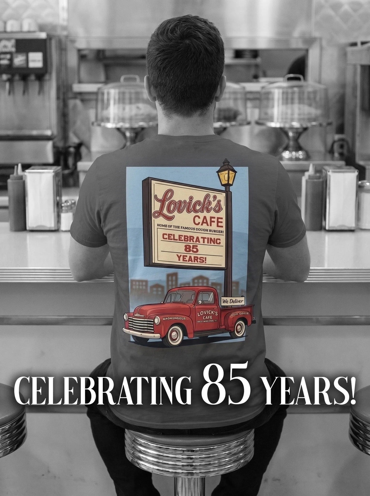 We've done a couple of designs for Lovick's Cafe to help them commemorate their 85th year in business.  What a wonderful family with a wonderful story!

Call or email us if we can print some custom apparel for your business, brand, school, church or 