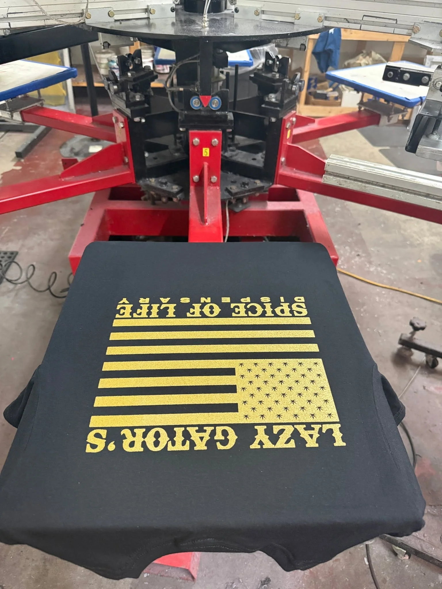 SOLID GOLD!  Gold metallic ink on these tees for Lazy Gator's Hemp Farm turned out so nice.  The folks that run Lazy Gator's Spice of Life Storefront are solid gold too...good friends we have known a long time!  Call or email us if we can print some 