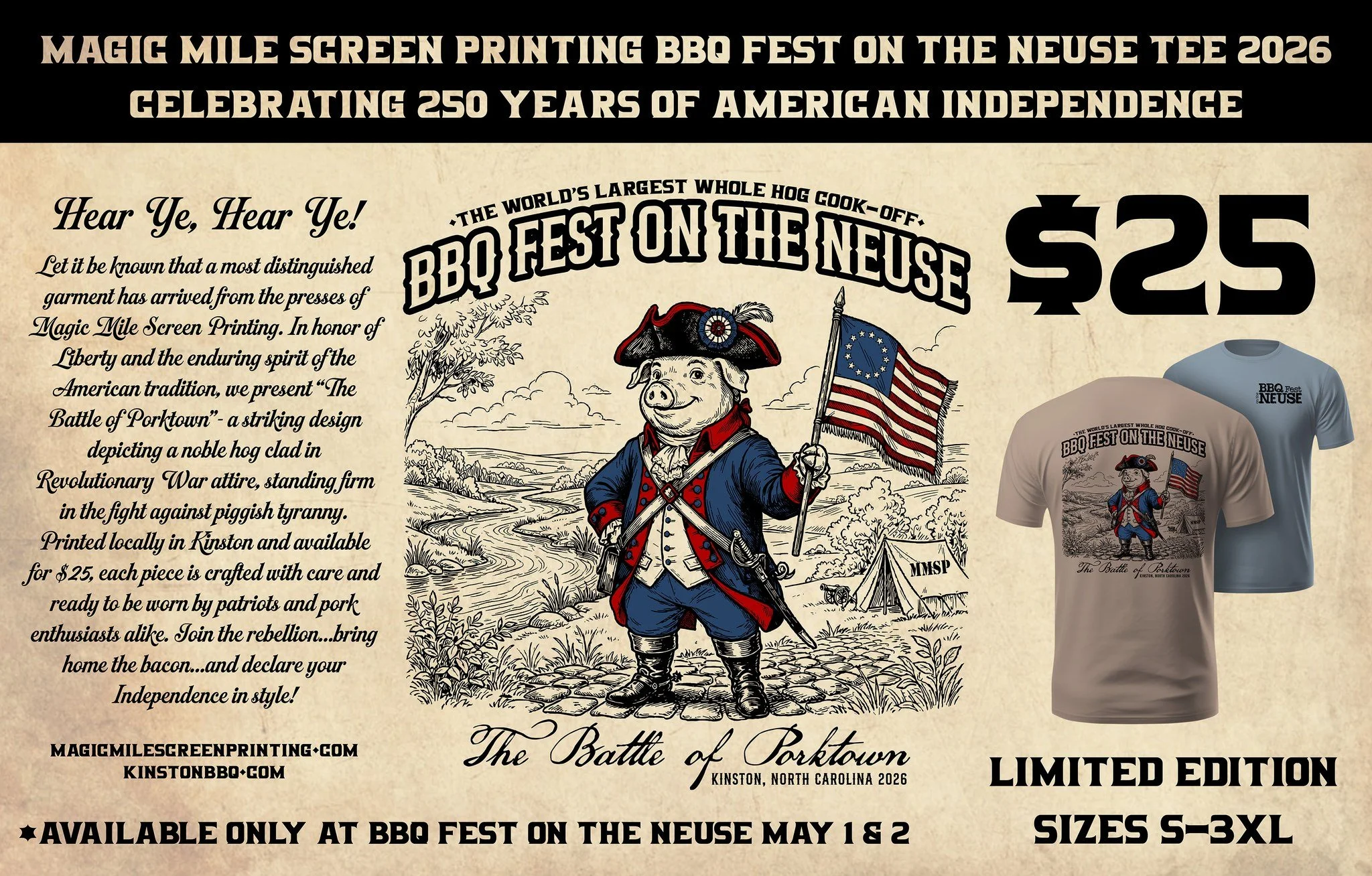 BBQ Fest on the Neuse Design 2026!  This year we are celebrating Barbecue AND America 250 with our custom screen printed tees...these will go fast so make sure to stop by and see us on Friday May 1 or Saturday May 2!  Look for the VW Bus!

Hear Ye, H