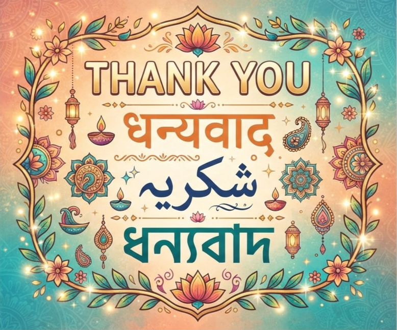 Decorative thank you graphic in English, Hindi, Urdu, and Bangla.