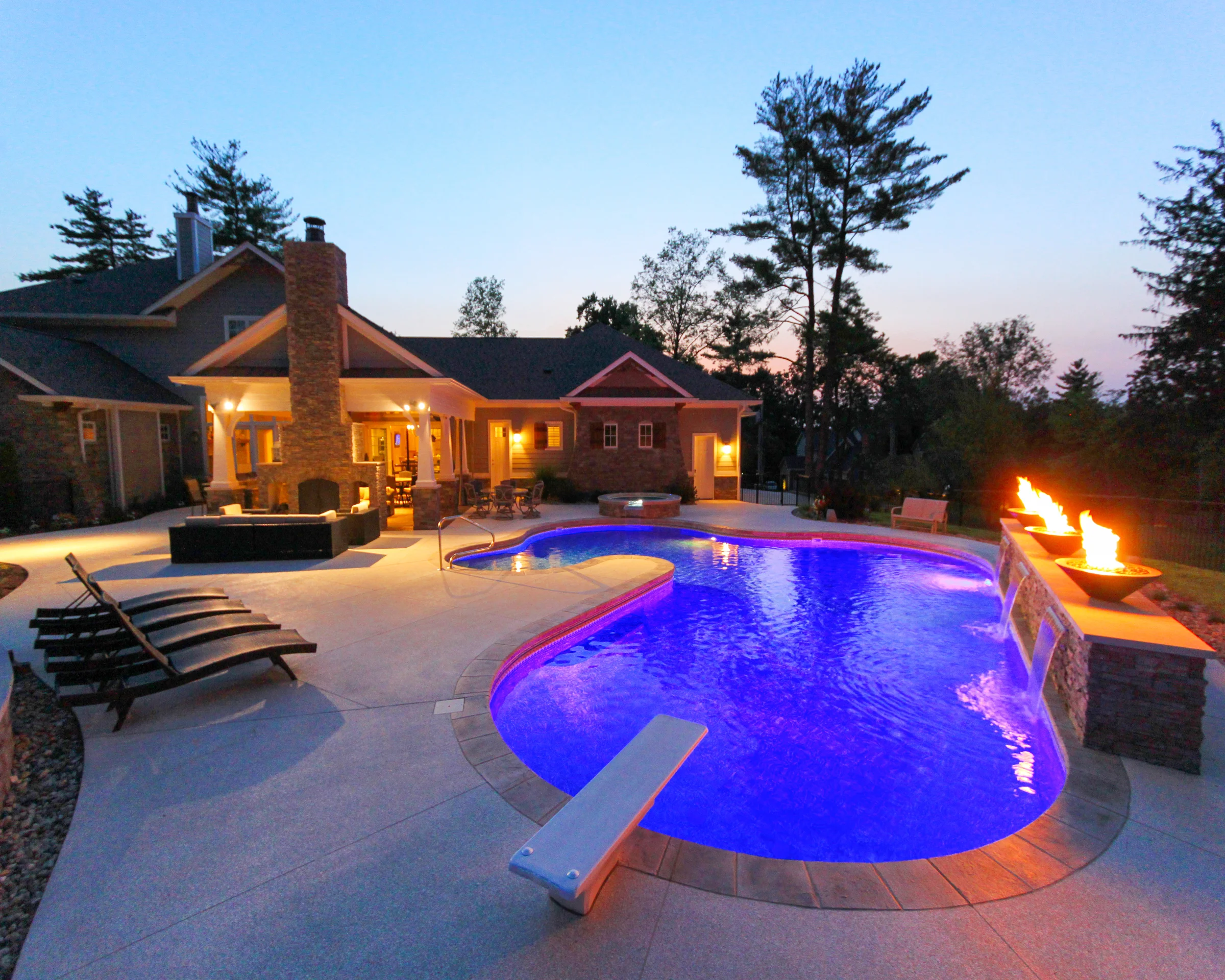 59 | Custom Lagoon with Spillover Spa. Water Feature, Spillover Spa, Firebowls