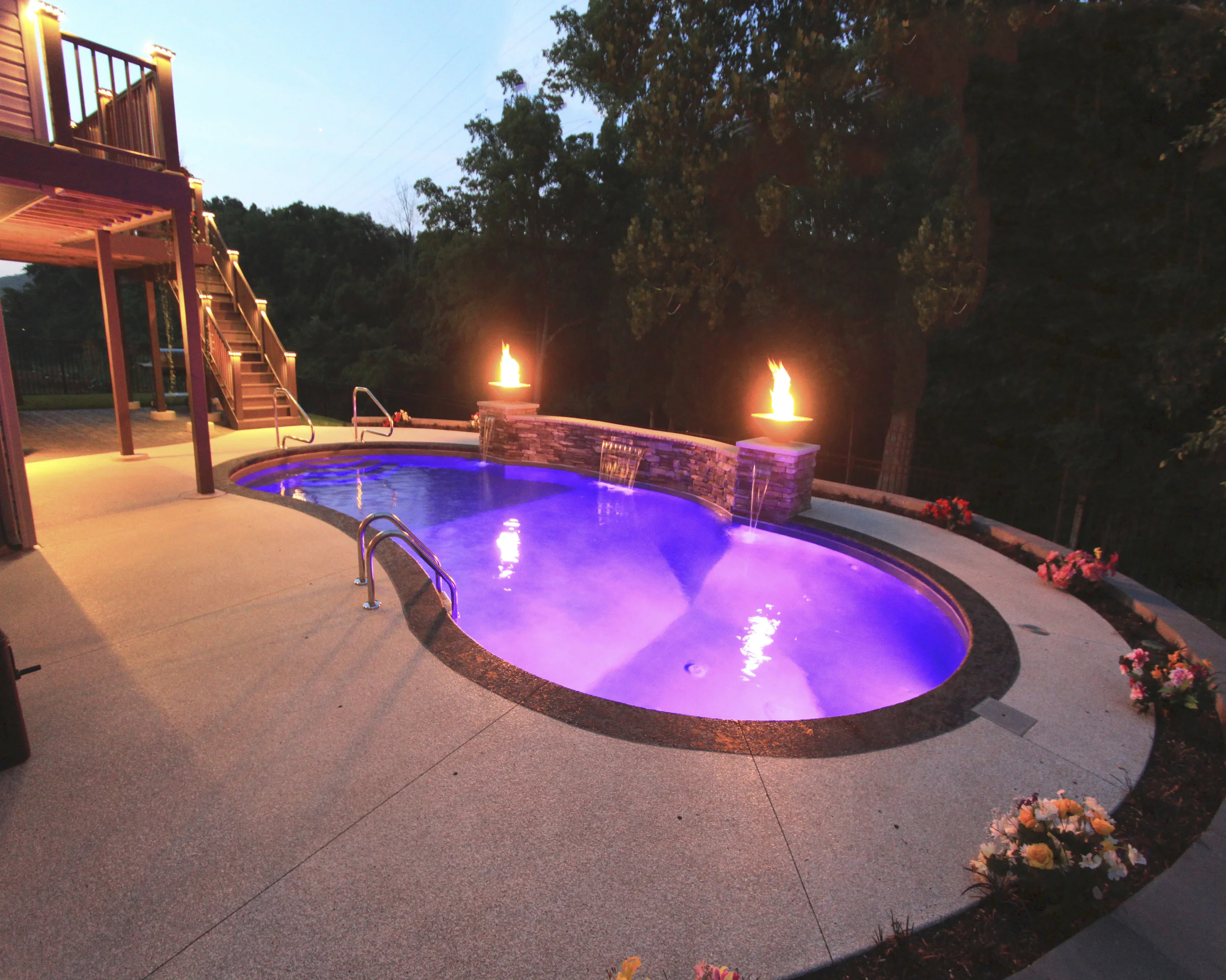 56 | Custom Kidney. Water Feature with Firebowls, LED Lighting