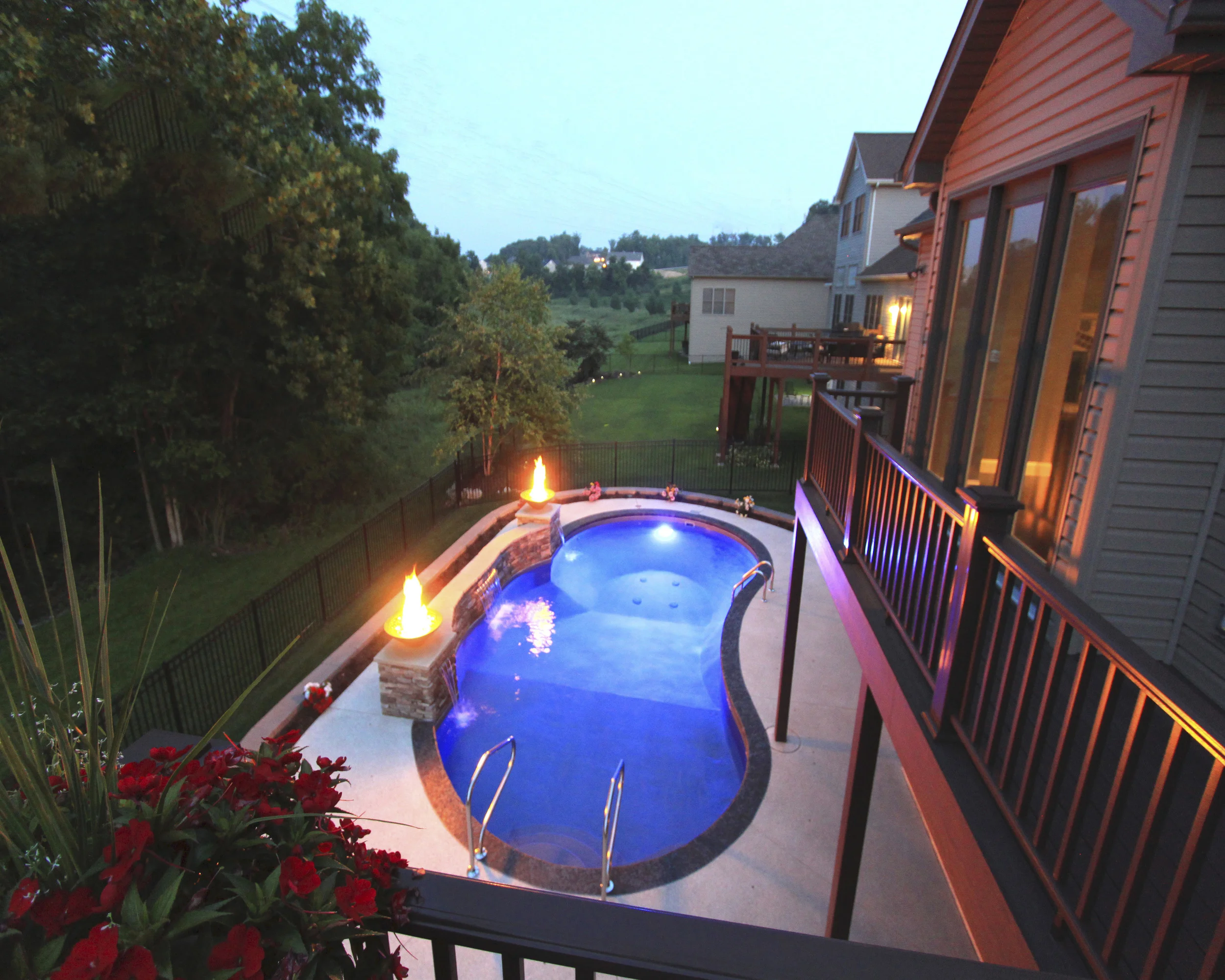 56 | Custom Kidney. Water Feature with Firebowls, LED Lighting