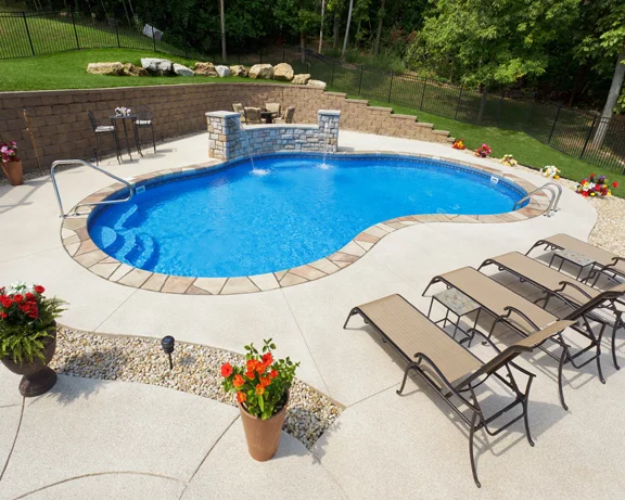 36 | Custom Gemini Pool. Custom Walk In Steps with Connected Bench, Water Feature