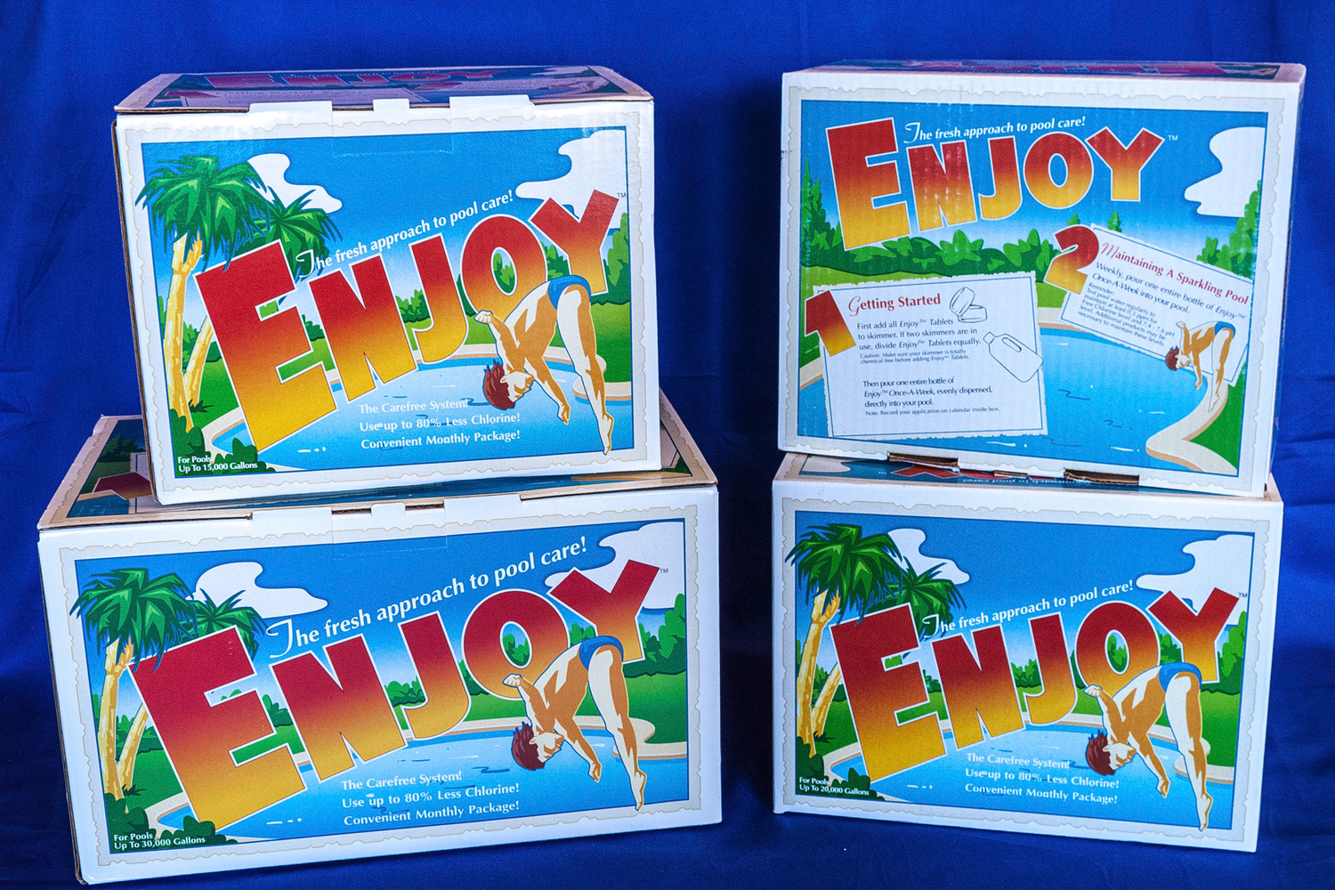 ENJOY! comes in one month supplies kits for 10,000, 15,000, 20,000 & 30,000 gallon pools.