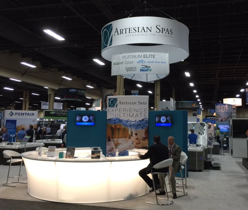 Artesian Spas' Booth at the 2015 International Pool Spa Patio Expo (ABOVE) and the DynaBrite LED lighting on a Grand Cayman Elite (RIGHT)
