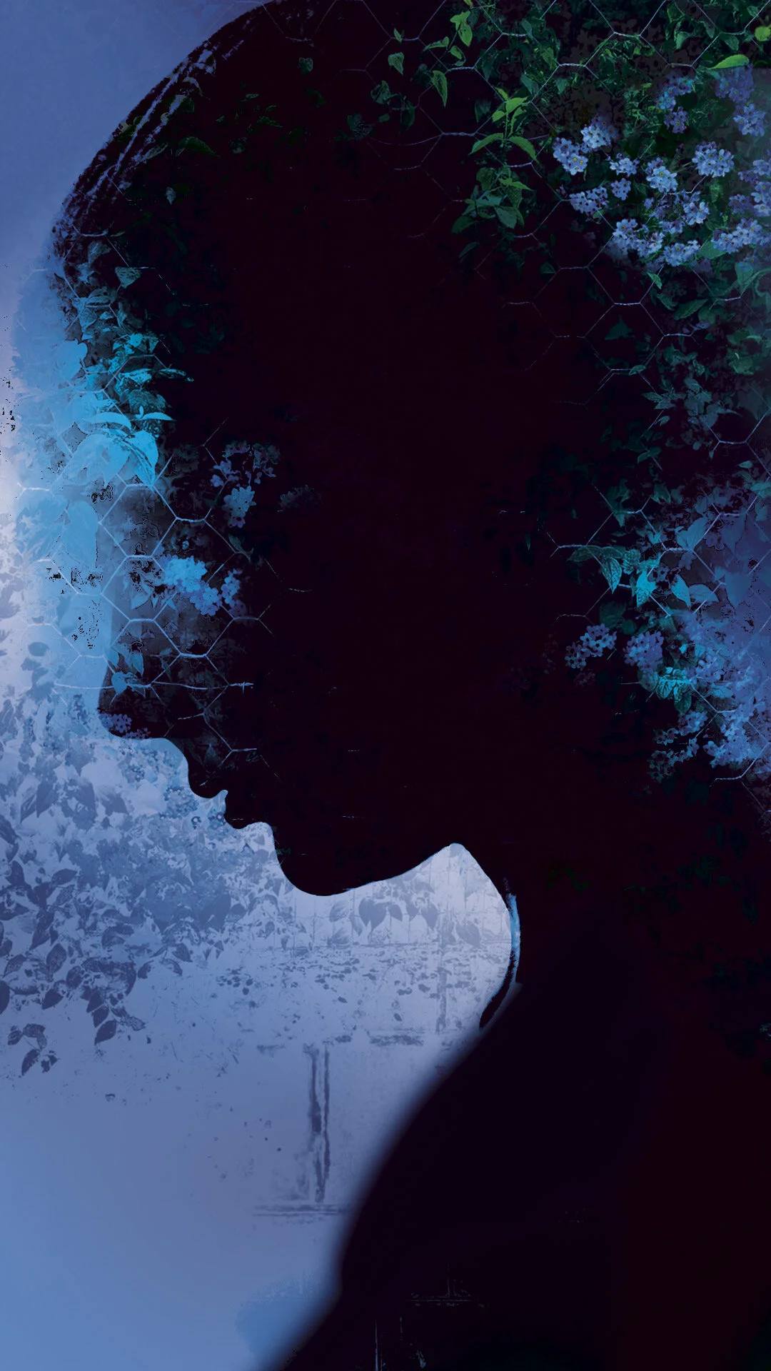 Smart phone background, graphic for Alexandra Oliva's FORGET ME NOT featuring a silhouette of a woman's face in profile against a dark background.