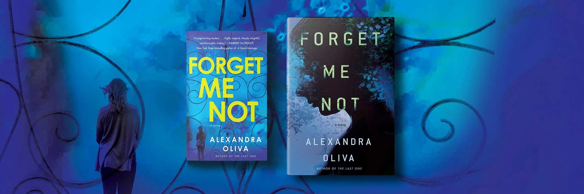 Website banner graphic promoting Alexandra Oliva's FORGET ME NOT featuring both the hardcover and paperback editions.