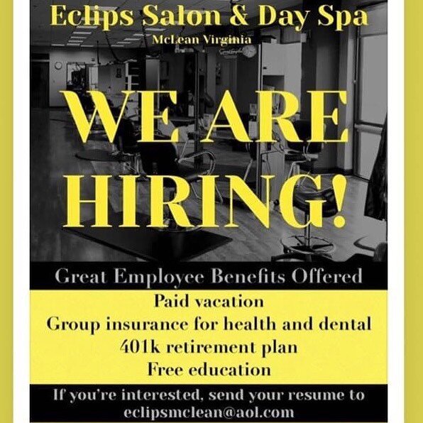 We are hiring assistants &amp; front desk 💛. Email eclipsmclean@aol.com