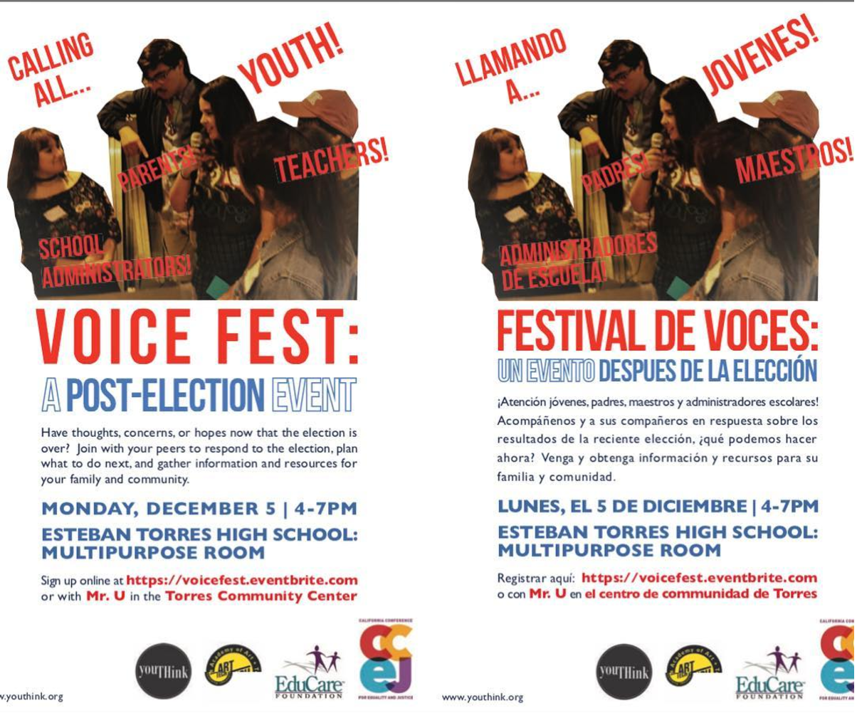 Coming up on December 5th... VOICE FEST: A POST-ELECTION EVENT at Esteban E. Torres High School Photo by: @youthink_youth Event Co-Sponsored by: @torreseducare