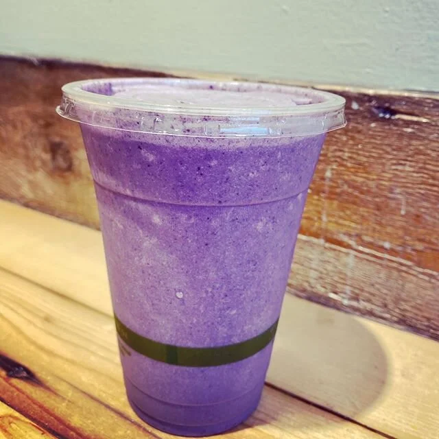 Our new Blue &amp; Grey Smoothie! Made with Earl Grey Tea, blueberries, cashew butter and oat milk! Available in store and on the pre-order as well