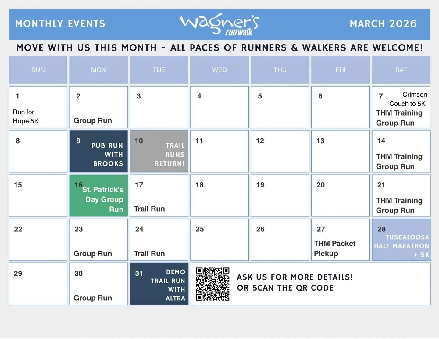 March is STACKED at Wagner&rsquo;s RunWalk 💙🔥
All paces. All faces. Walkers + runners always welcome.

👟 Monday Group Runs &ndash; March 2, 23 &amp; 30 at 5:30PM

🐘 March 6 Crimson Couch to 5K (9AM)+ THM Training (7AM) @crimsoncouch5k 

🍻 👟 Pub