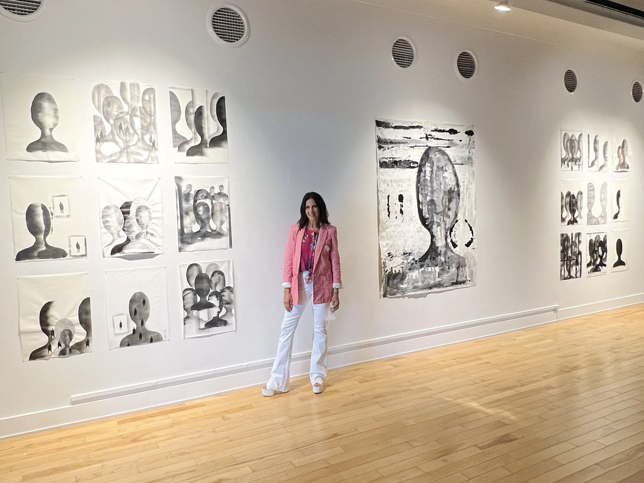 Beneath the Clouds Installation,2022, Mixed media on canvas panels, Individuals 24 x 18” 
& 70 x 53” center panel
