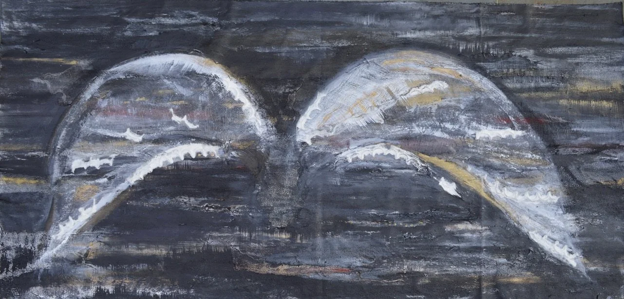 El Maley Rachamim or Beneath the Sheltering Wings, mixed media on unstretched canvas, 35 x 70" 2016 (available for exhibition and acquistion)